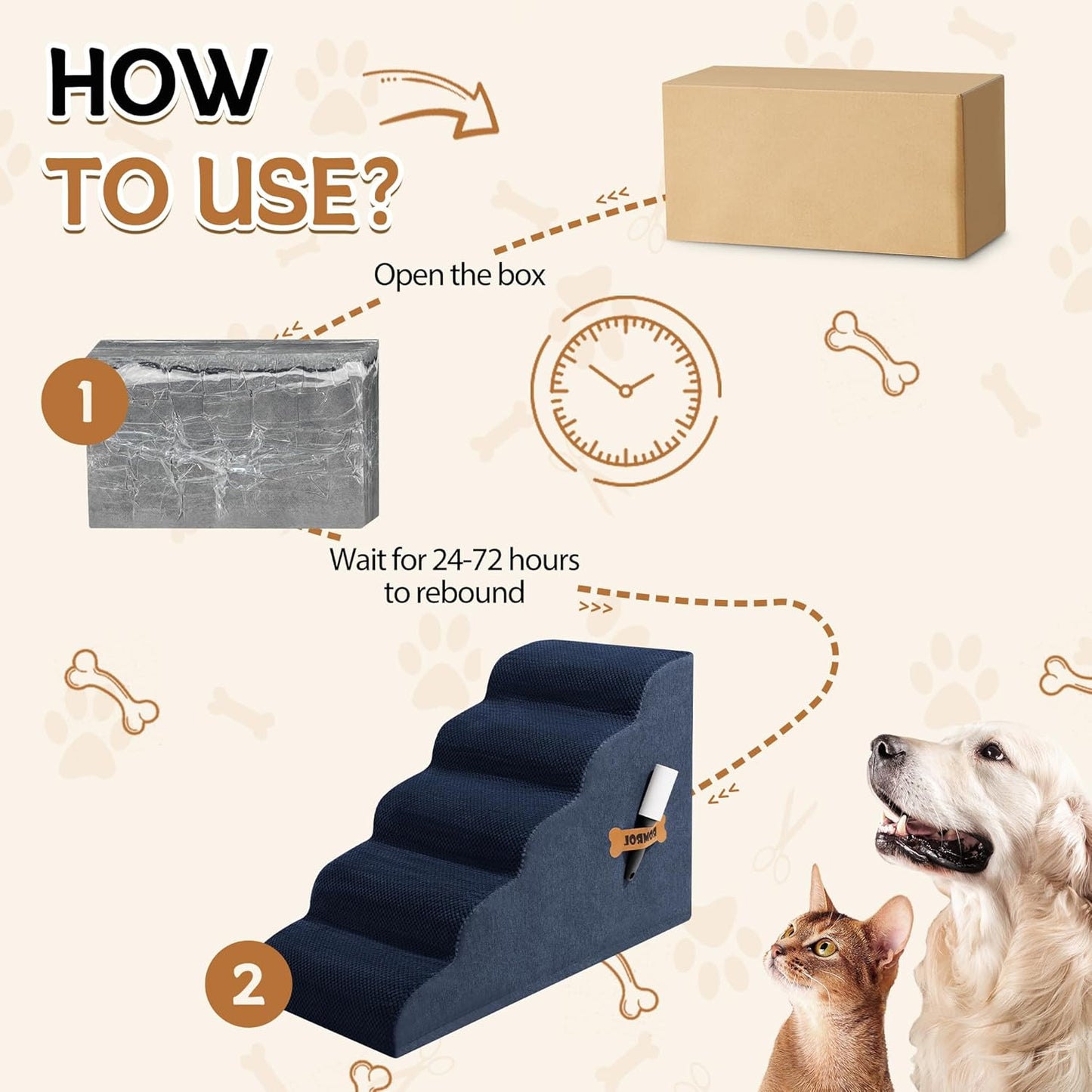 Dog Stairs, Romrol Dog Steps Ramp for High Bed and Couch, Dogs Ramp with Durable Non-Slip Waterproof Fabric Cover, Pet Stairs for Small Dogs and Cats or Pets Joints, 4-TiersNay