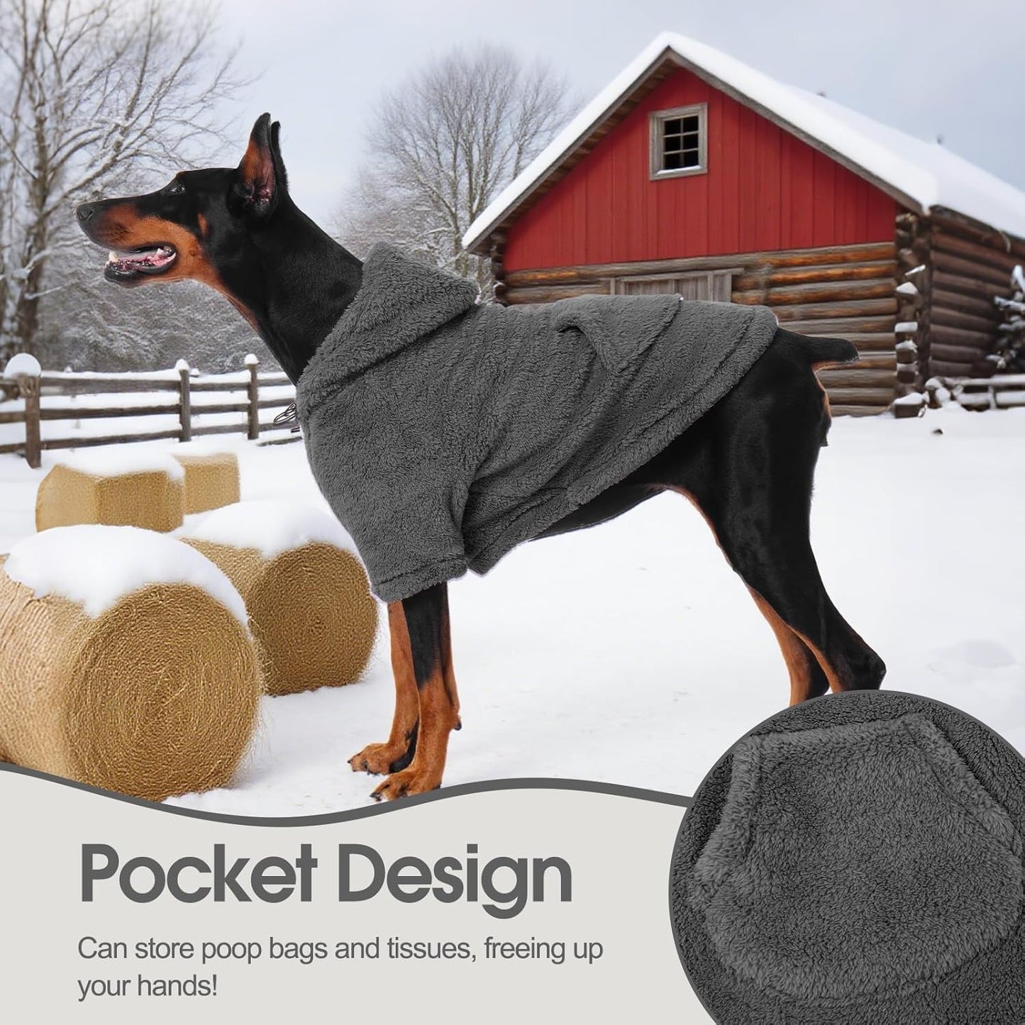 IDOMIK Fuzzy Dog Sweater with Adjustable Hood, Warm Fleece Dog Sweater Hoodie with Harness Hole & Pocket, Pullover Sweaters for Medium Dogs, Fuzzy Hooded Sweatshirt for Fall Winter Christmas,Grey,L