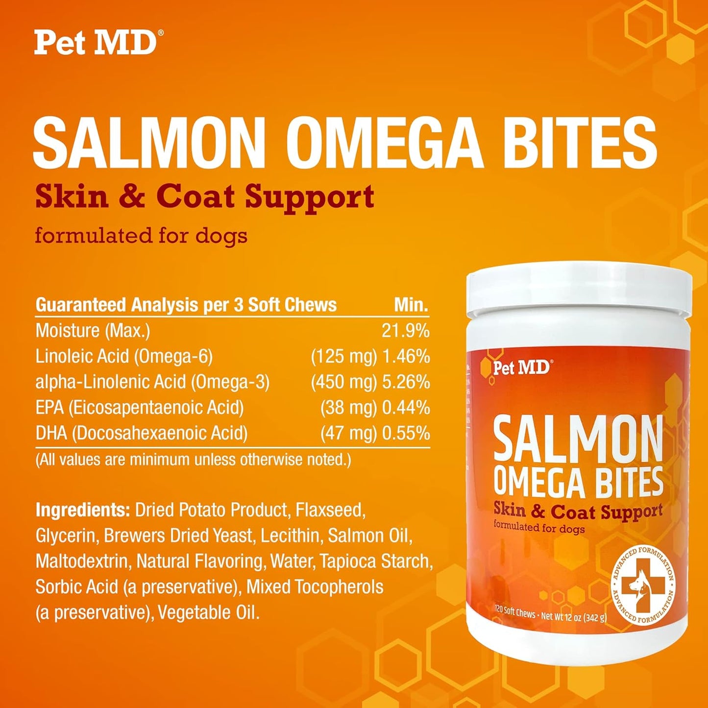 Pet MD Salmon Omega Bites for Dogs - Skin and Coat Supplement with Omega 3 & 6 for Dogs Plus DHA & EPA - Promotes Allergy & Dry Skin Relief - 120 ct