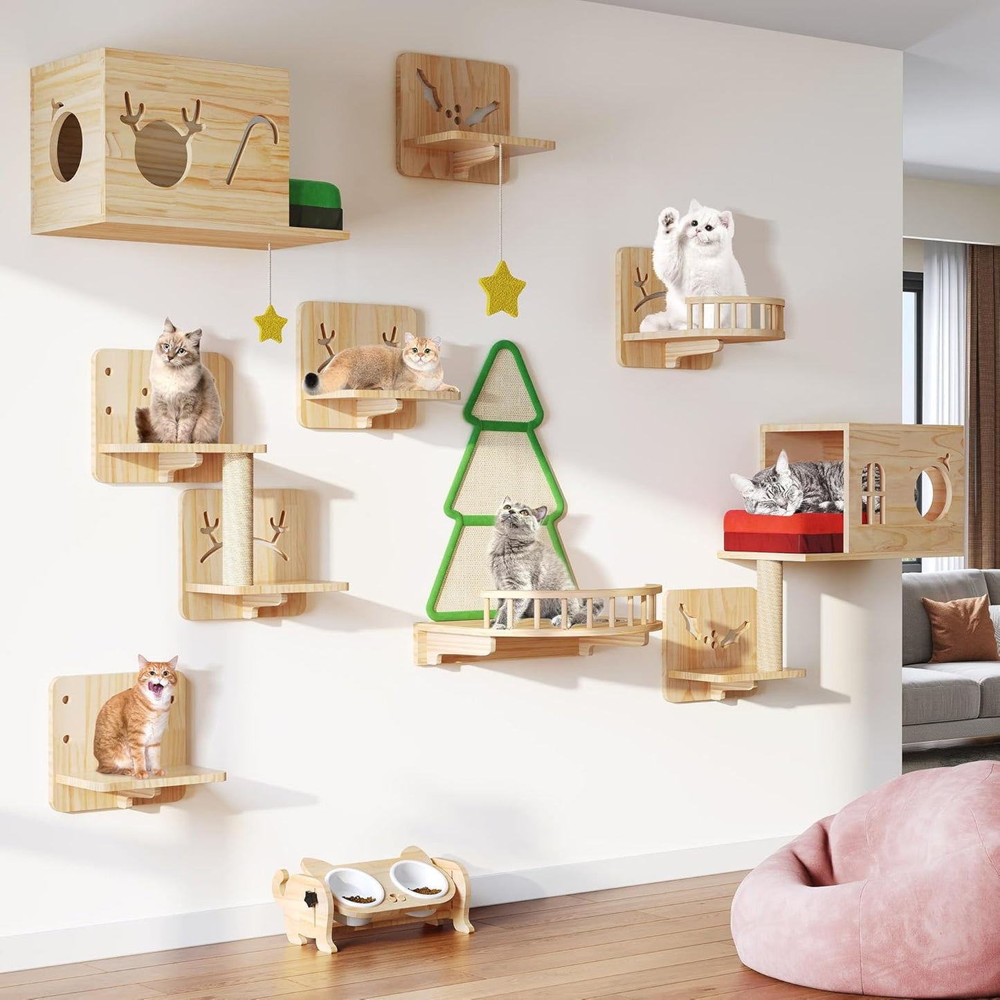 Cat Wall Shelves, Cat Wall Furniture Pine Wooden Feline Shelf, 16 Piece Shelves and Perches with Bowl, Warmer Mat, Condos, House, Steps and Cat Scratcher
