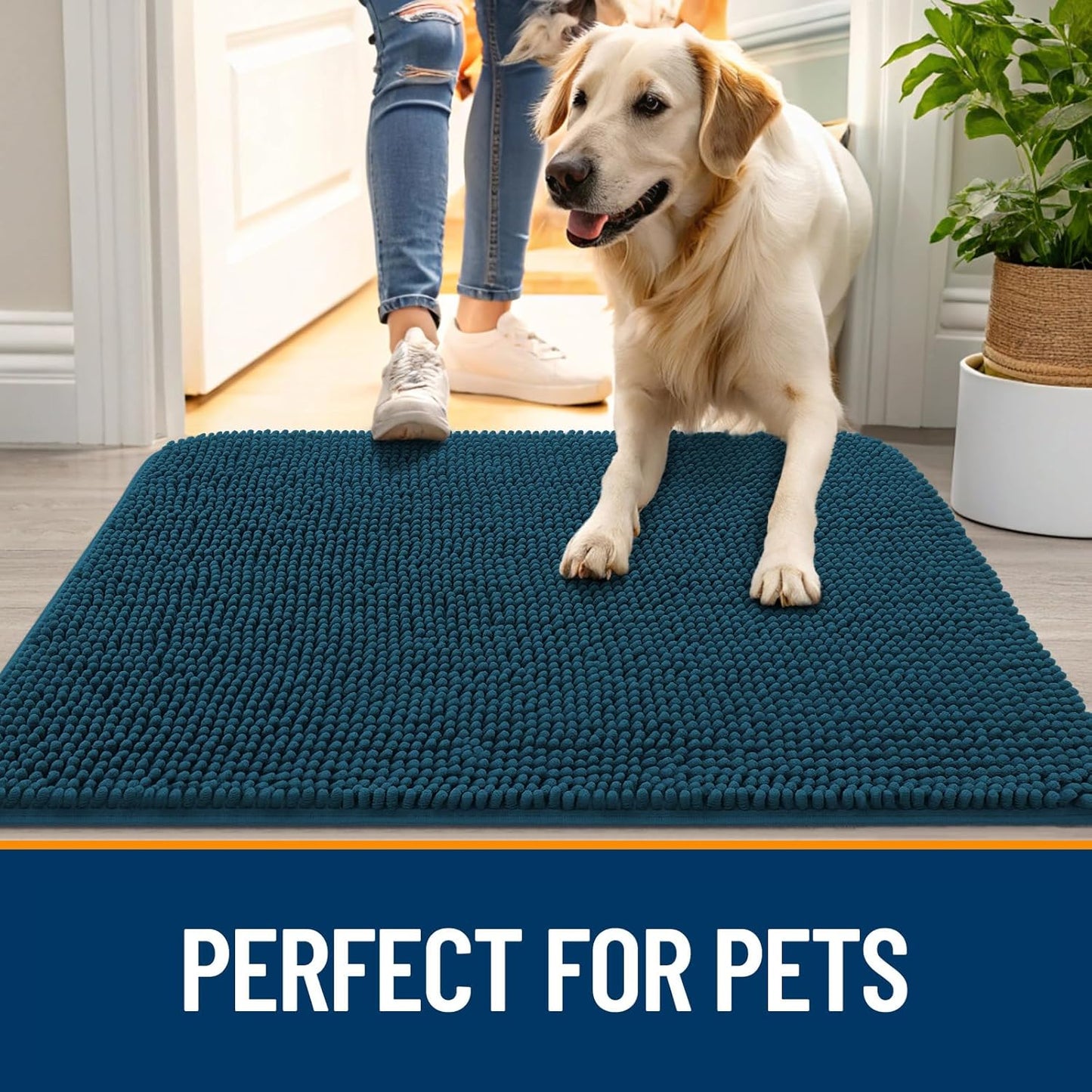 OLANLY Dog Door Mat for Muddy Paws 70x24, Absorbs Moisture and Dirt, Absorbent Non-Slip Washable Doormat, Quick Dry Chenille Mud Mat, Entry Indoor Entryway Carpet for Inside Floor, Atlantic Blue