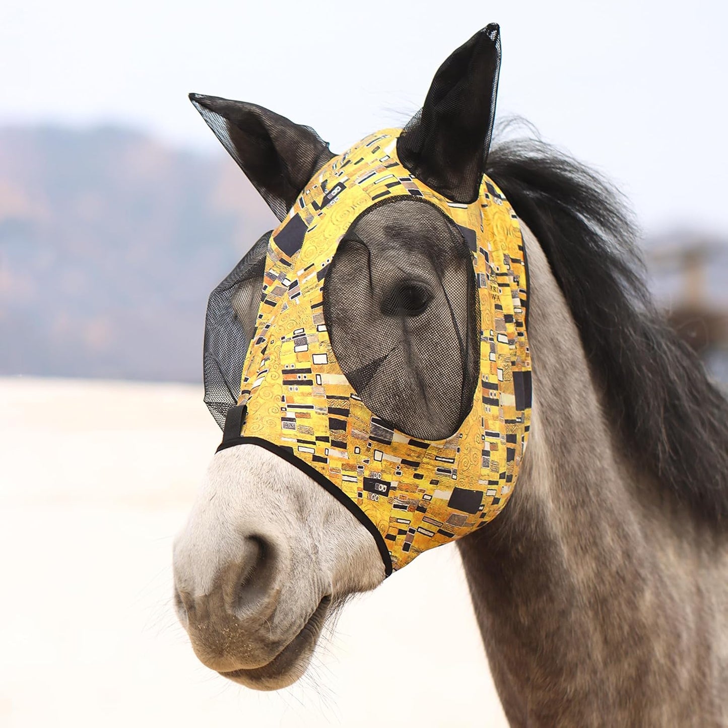 Harrison Howard Super Comfort Stretchy Fly Mask Large Eye Space with UV Protection Soft on Skin with Breathability Golden Shape M