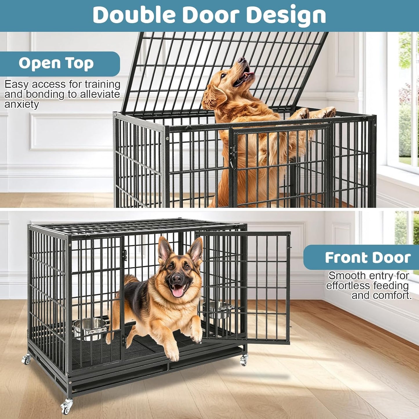 48 Inch Heavy Duty Large Dog Crate, Stackable Indestructible Big Cage for High Anxiety Dogs, Foldable Escape Proof XL Dog Kennel Indoor with Adjustable Bowls, Wheels and Double Trays(2 Pack)