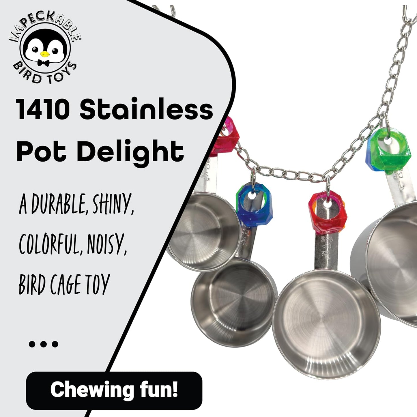 1410 Stainless Pot Delight from Parrots Cockatiels Conures Budgies Macaws Lovebirds African Greys Parrot Toys Stainless Foraging Chew Treat Noise-Making Fun Sensory Enrichment.