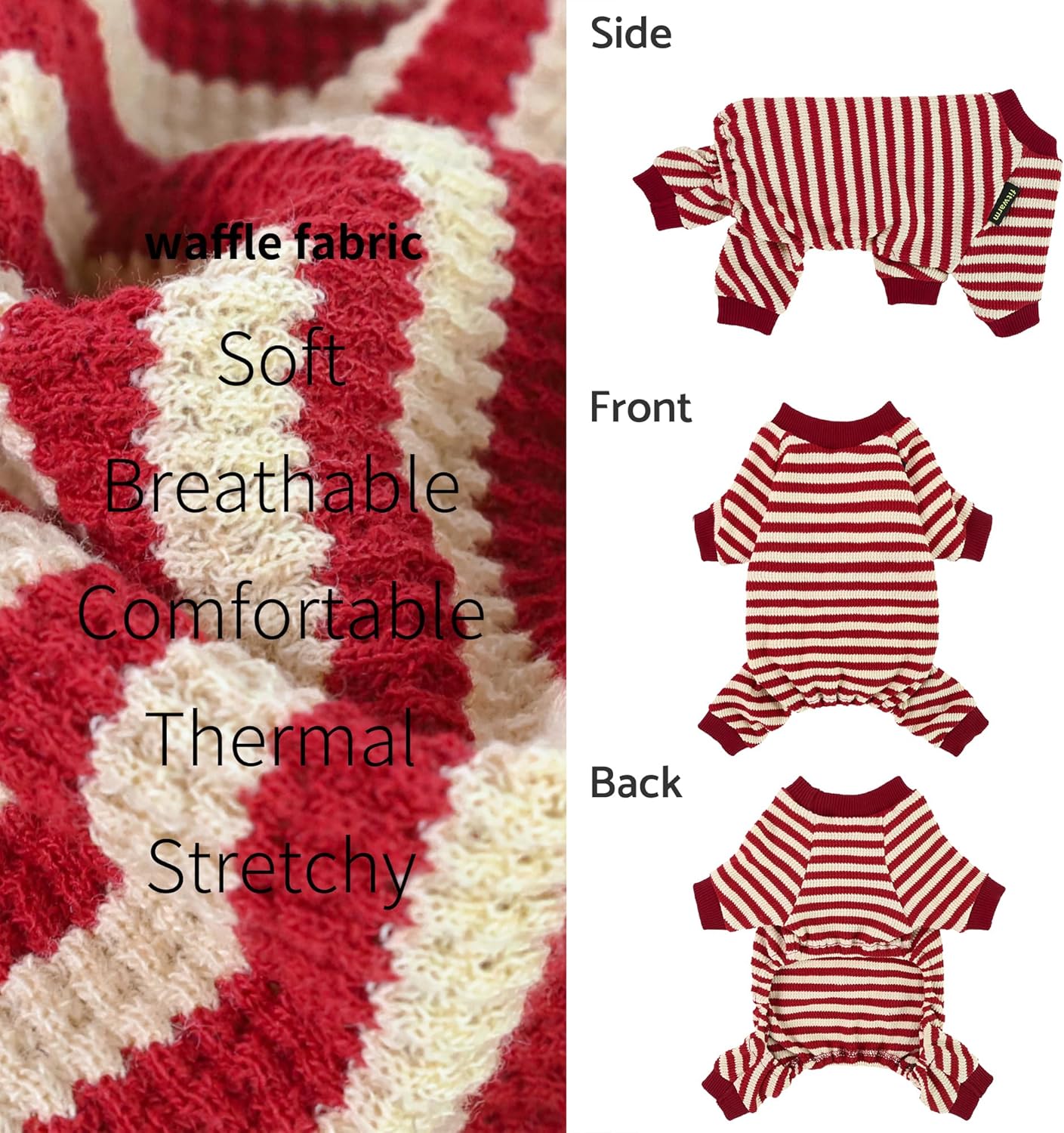 Fitwarm Red and White Striped Dog Pajamas, Waffle Dog Clothes for Small Dogs Girl Boy, Puppy Onesie with Feet, Pet Christmas Outfit, Large