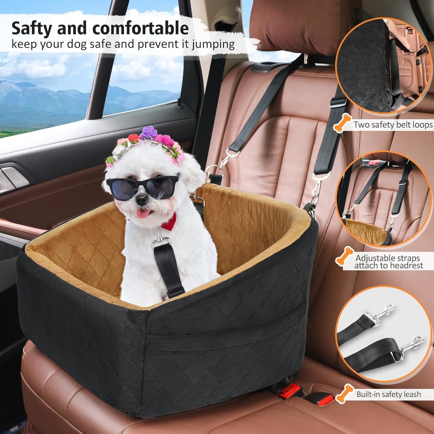 Dog Car Seat for Small Medium Dogs,Detachable Washable Dog Booster Seat Under 30lbs, Pet Car Seat Travel Bed with Storage Pockets and Dog Safety Belt(Black/Brown)