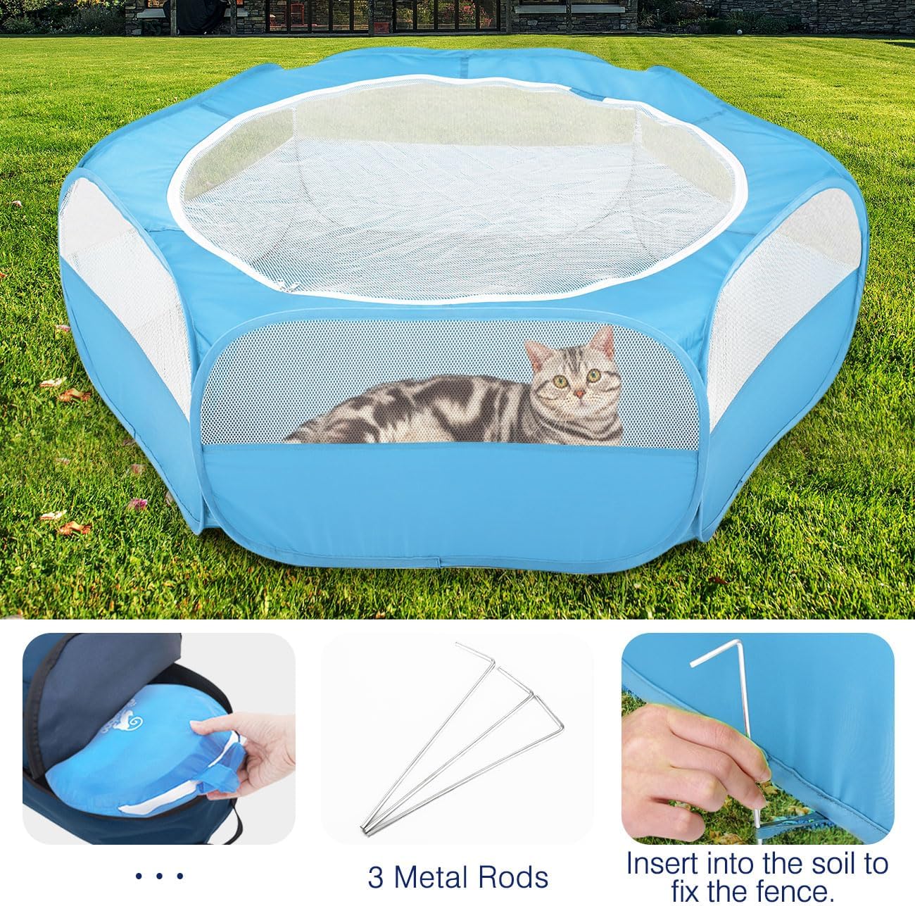 Pawaboo Small Animals Playpen, Waterproof Small Pet Cage Tent with Zippered Cover, Portable Outdoor Yard Fence with 3 Metal Rod for Chick/Kitten/Puppy/Guinea Pig/Rabbits/Hamster/Chinchillas,Light Blue