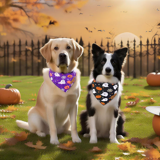 2 Pack Halloween Dog Bandanas,Leather Brand Logo, Double-Layed Soft Skin-Friendly Fabric, Autumn Scarf Accessory for Boys & Girls,Suitable for Halloween, Daily Walks & Family Outings