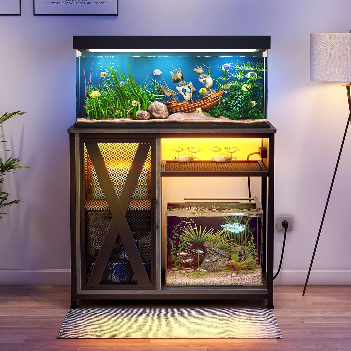 DWVO 40-50 Gallon Aquarium Stand with Power Outlets & LED Light, Cabinet for Fish Tank Accessories Storage - Metal Fish Tank Stand Suitable for Turtle, Reptile Terrarium, 660LBS Capacity, Grey