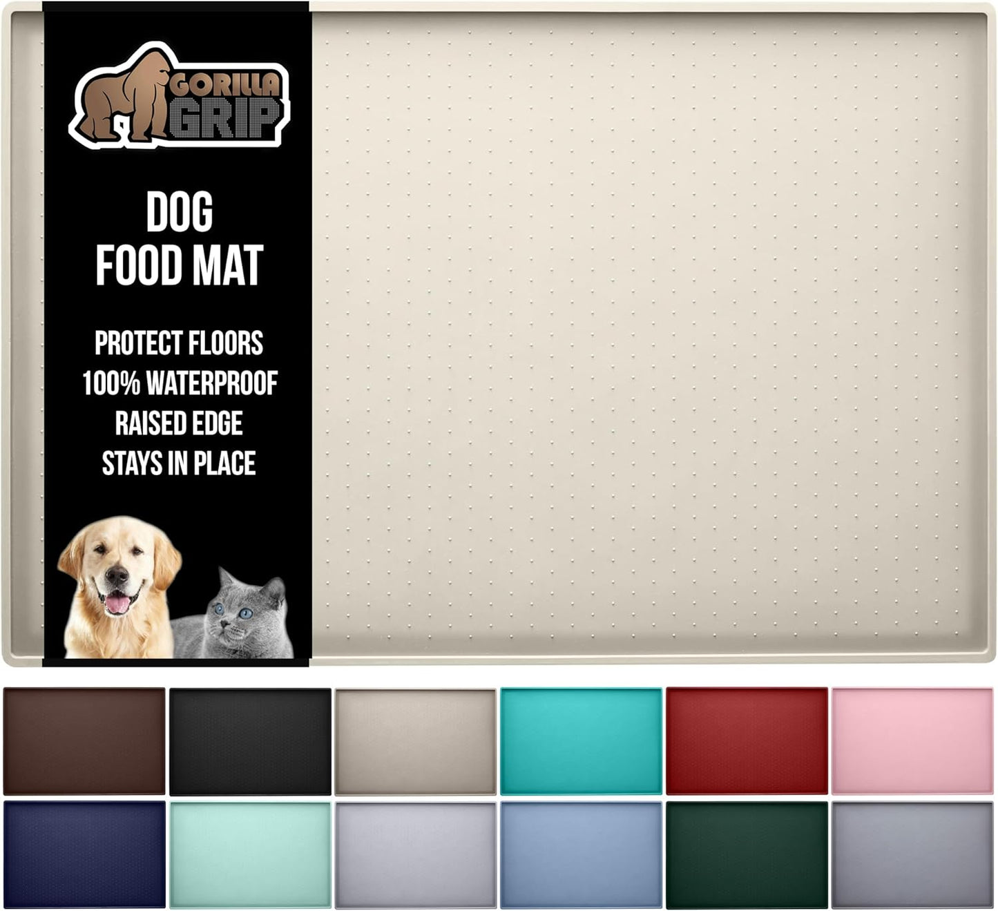 GORILLA GRIP 100% Waterproof Raised Edge BPA Free Silicone Pet Feeding Mat, Dog Cat Food Mats Contain Spills Protects Floors, Placemats for Cats and Dogs Water Bowl, Pets Accessories 18.5x11.5 Cream