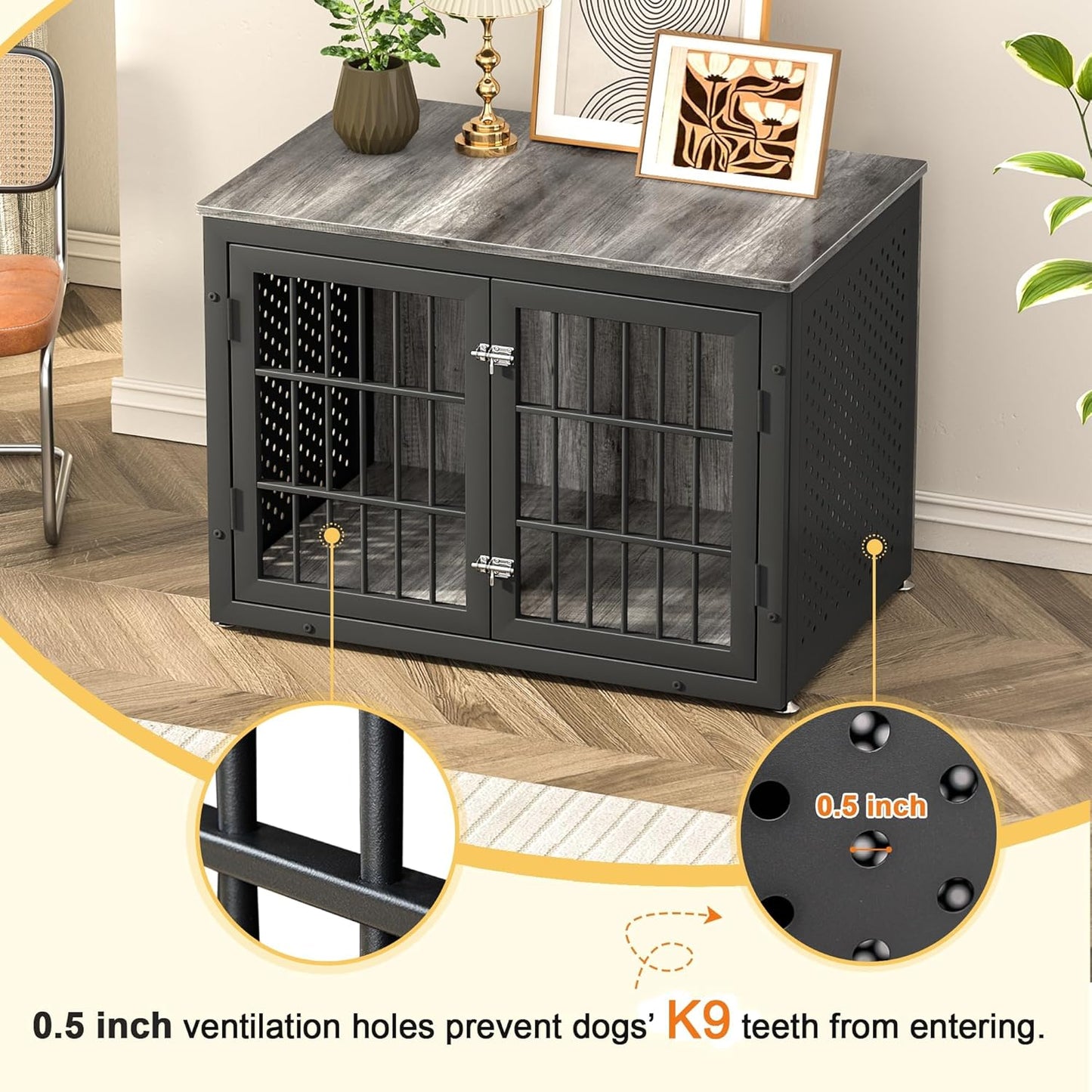 38" Heavy Duty Dog Crate Furniture for Large and Medium Dogs,Wooden Metal Kennel for High Anxiety Dogs, Chew Proof Cage Indoor, Decorative Kennel End Table