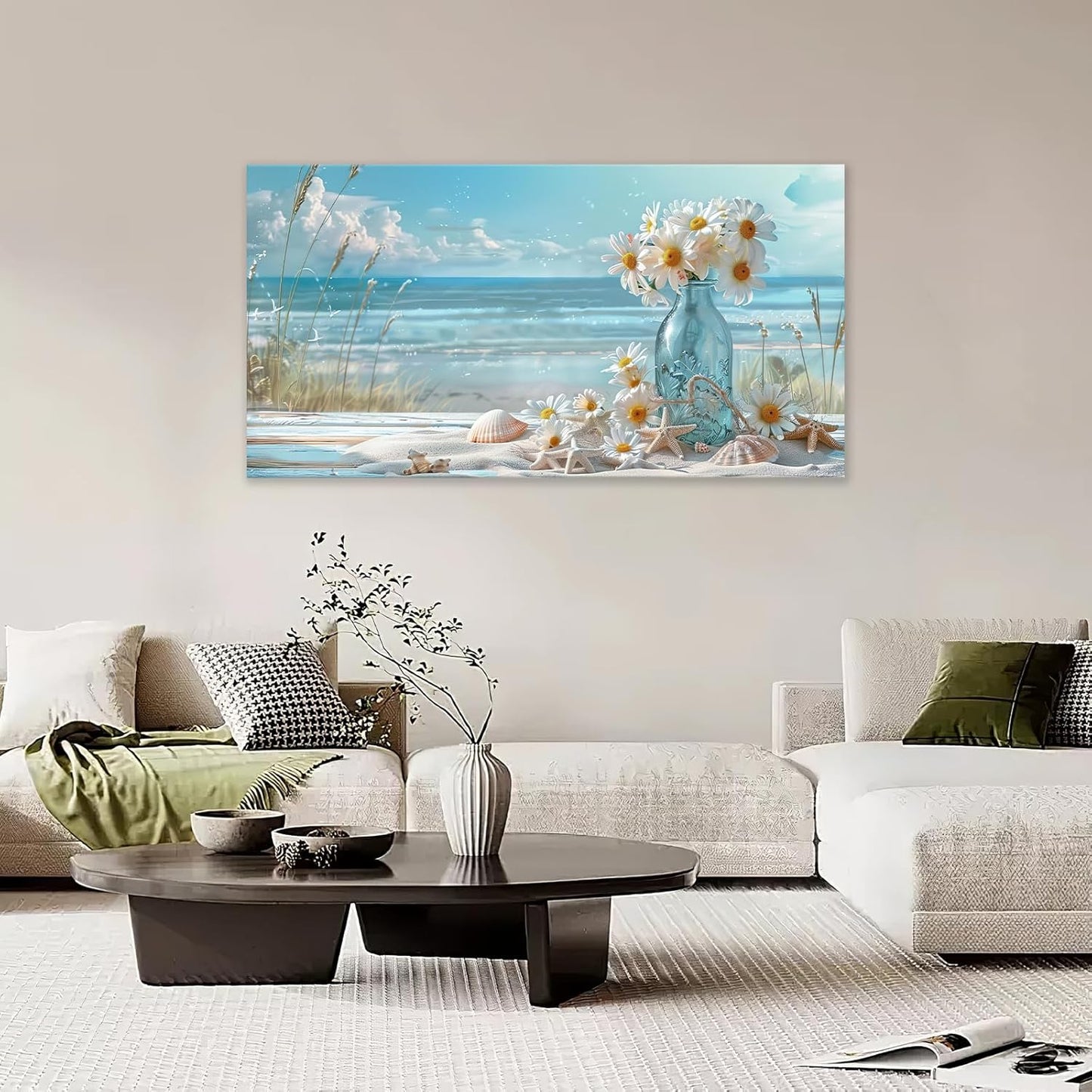 Large Beach Wall Art for Living Room Flower Daisy Art Big Space Size Framed Ocean Shell Canvas Prints Blue Pictures Painting Artwork Office Bedroom Home Decor 60"x30"