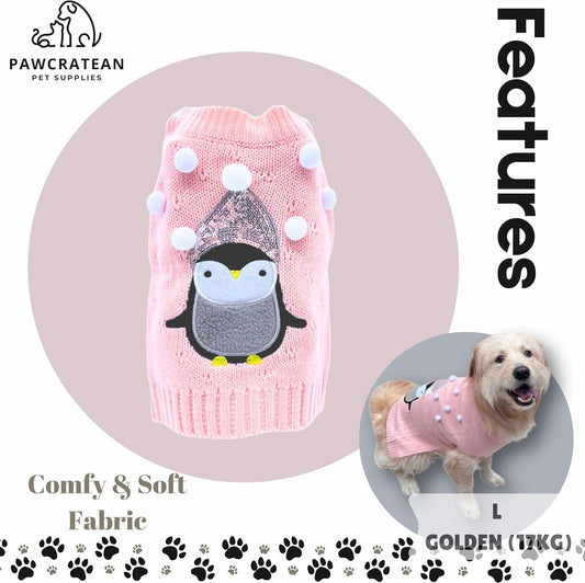 Cute Sweater for Dogs and Cats Soft Flannel Pet Outfit Warm and Cozy Animal Hoodie Small to Large Pet Clothes for Halloween Parties and Everyday Wear (X-Large, Pink Pinguin)