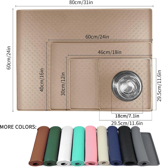 Ptlom Silicone Dog Food Mat Waterproof Pet Feeding Mat with High-Lips, Anti-Slip Dog Bowl Mat for Food & Water, Non-Spill Puppy Feeding Tray for Small, Medium & Large Dogs and Cats, Taupe