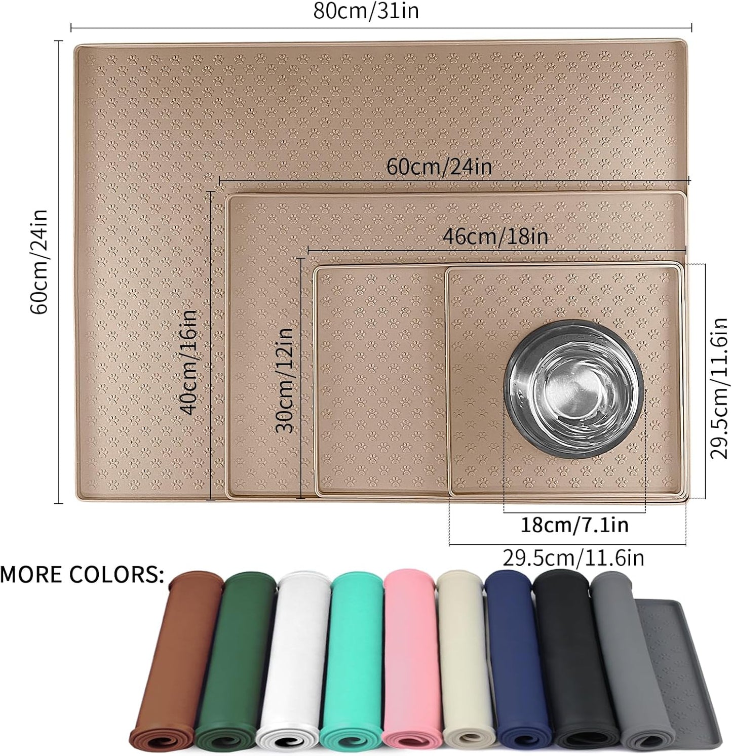 Ptlom Dog Food Mat Anti-Slip Bowl Mats for Food and Water, Waterproof Silicone Pet Placemat with High Raised Edges, Non-Slip Puppy Feeding Tray for Small, Medium Large Cats Dogs, Taupe, 11.8"x11.8"