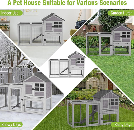 GUTINNEEN Rabbit Hutch Indoor Chicken Coop Outdoor, 51.6''L 2 Story Bunny Cage Weatherproof, Guinea Pig House with Run (Grey)