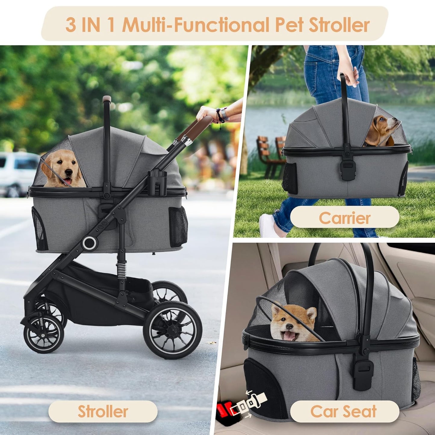 Pet Stroller with 4 Wheels, 3 in 1 Folding Puppy Strollers for Small/Medium Dogs Cats up to 50lbs, Lightweight Pet Travel Carrier with Detachable Cushion, Storage Basket and Cup Holder, Gray