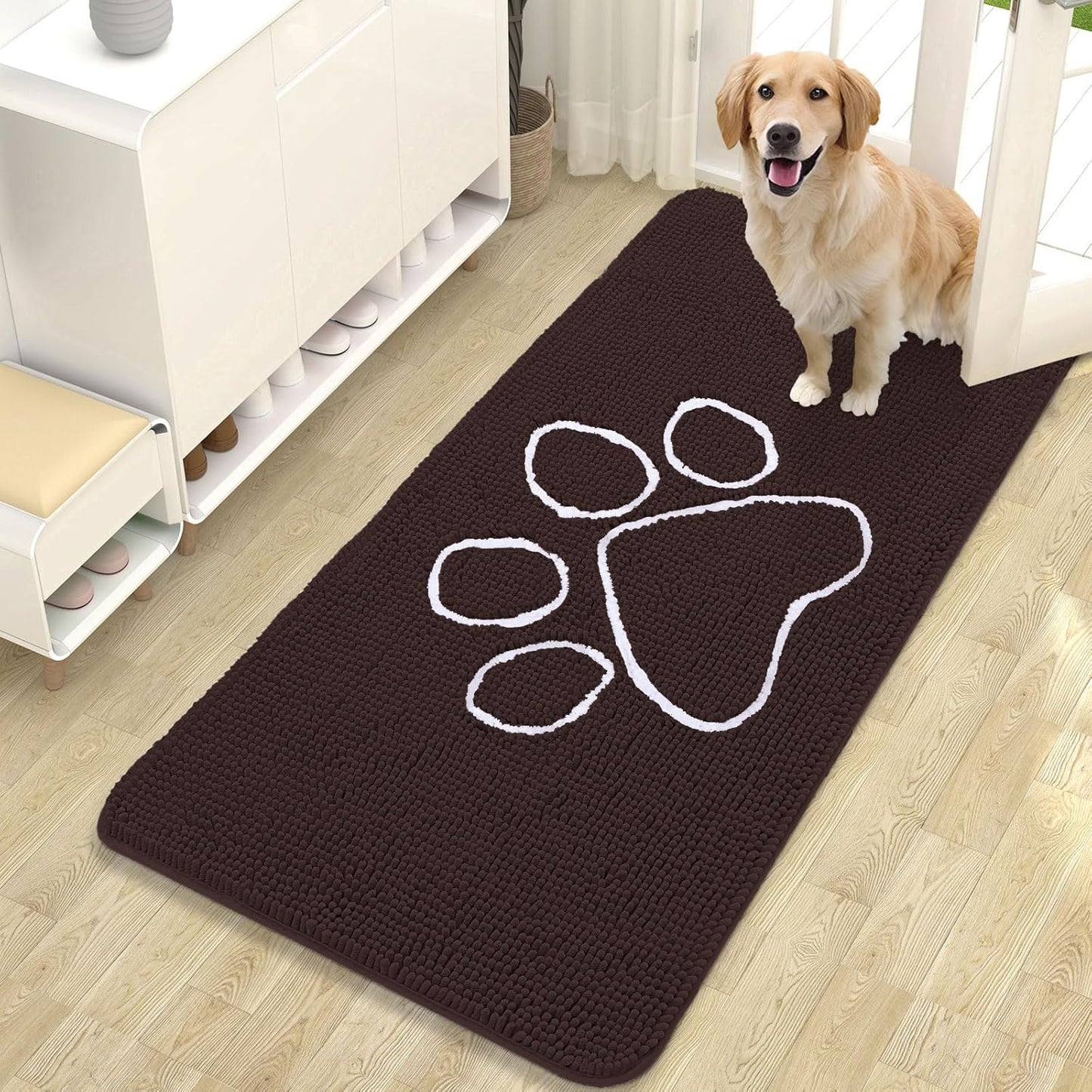 OLANLY Door Mat for Muddy Dog Paws 47x24, Ultra Absorbent Chenille Mud Doormat with Paw Print Design, Non-Slip Washable Doormat for Indoor Entryway, Quick-Dry Pet Bed Mats for Dirty Dogs, Brown
