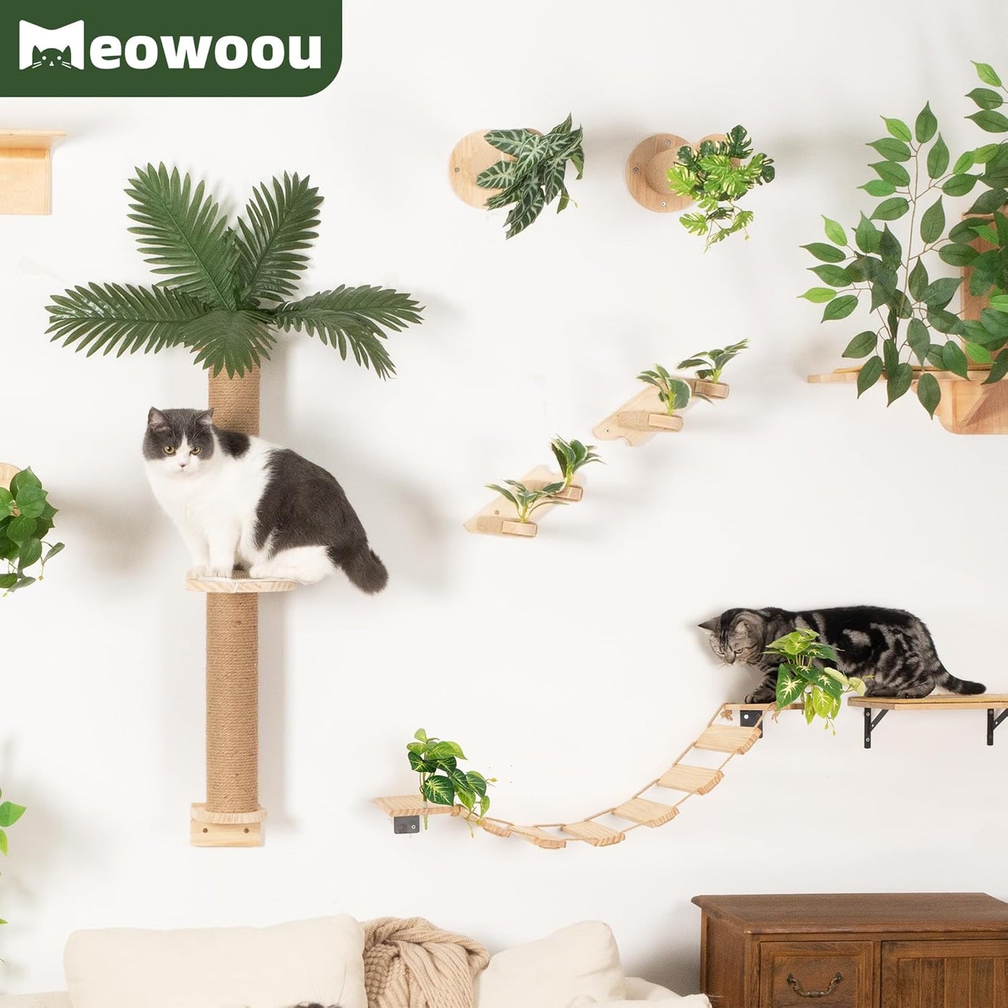 Meowoou Cat Bridge Wall Mounted, Rope Bridge for Climbing, Ladder for Indoor Cats, Cat Wall Furniture for Sleeping, Large Cats Steps Bed and Perches