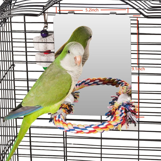 Colorday 7" Bird Mirror with Rope Perch, Bird Swing, Parrot Cage Toys for Parakeet African Grey Conure Cockatiel Lovebird Finch Canarie, Medium