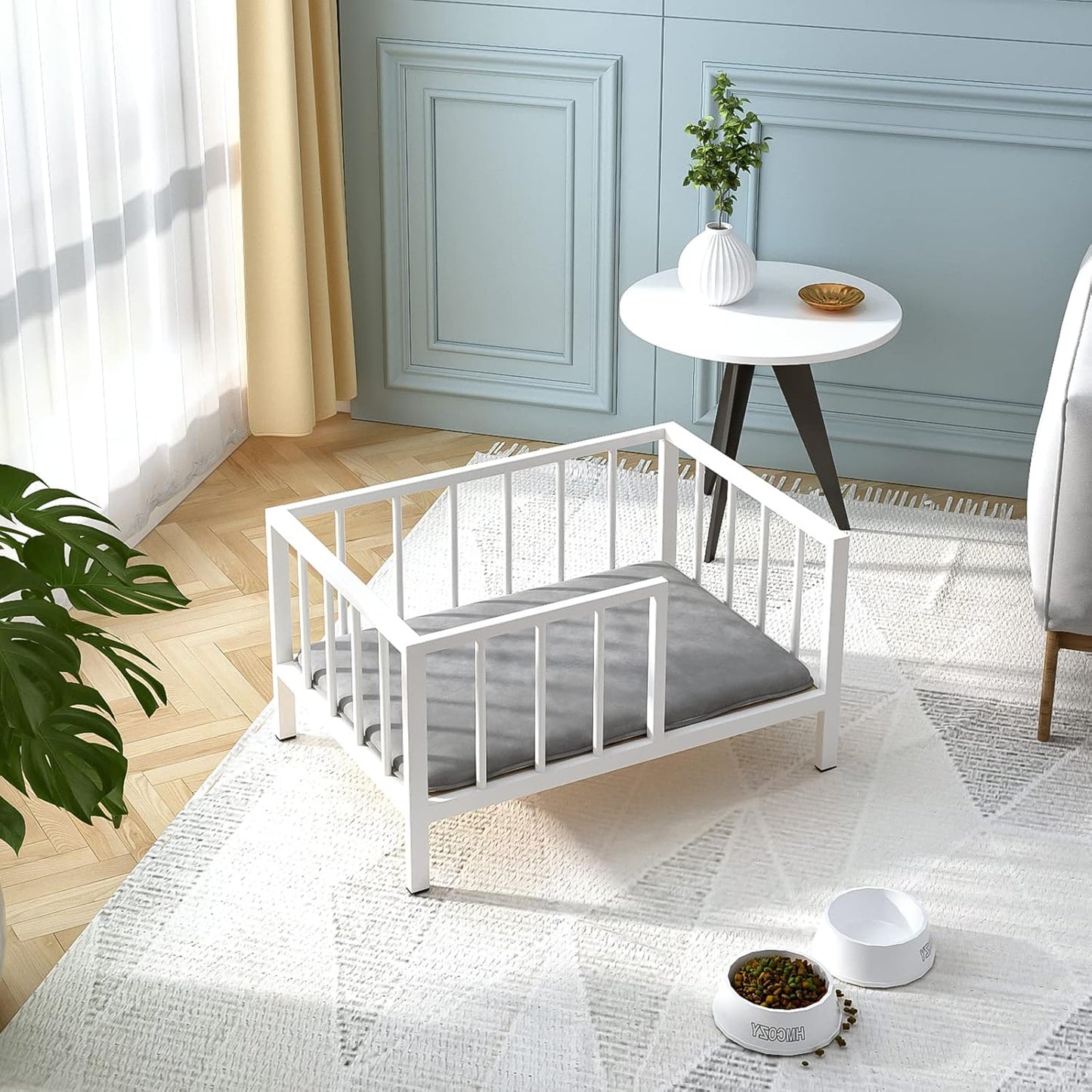 Dog Bed with Rails - Elevated Pet Metal Bed Frame with Solid Wood Board and Washable Soft Mat for Small Dog Indoor or Outdoor Use, 21.3" x 30 ", White