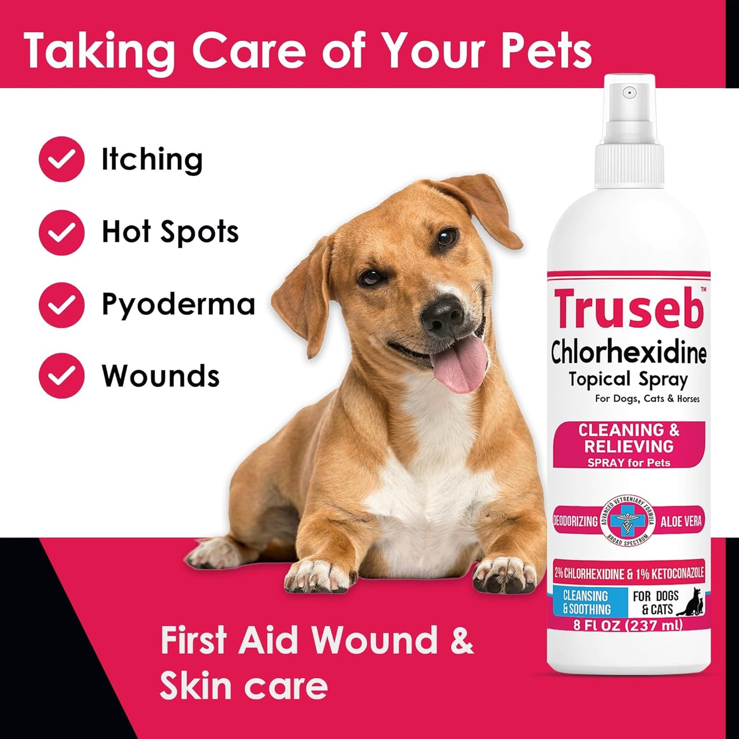 Truseb Topical Ketoconazole and Chlorhexidine Spray for Dogs, Cats, and Horses with Essential Fatty Acids, Aloe and Vitamin E- 16 oz (Ketoconazole & Chlorhexidine Spray, 16 oz)