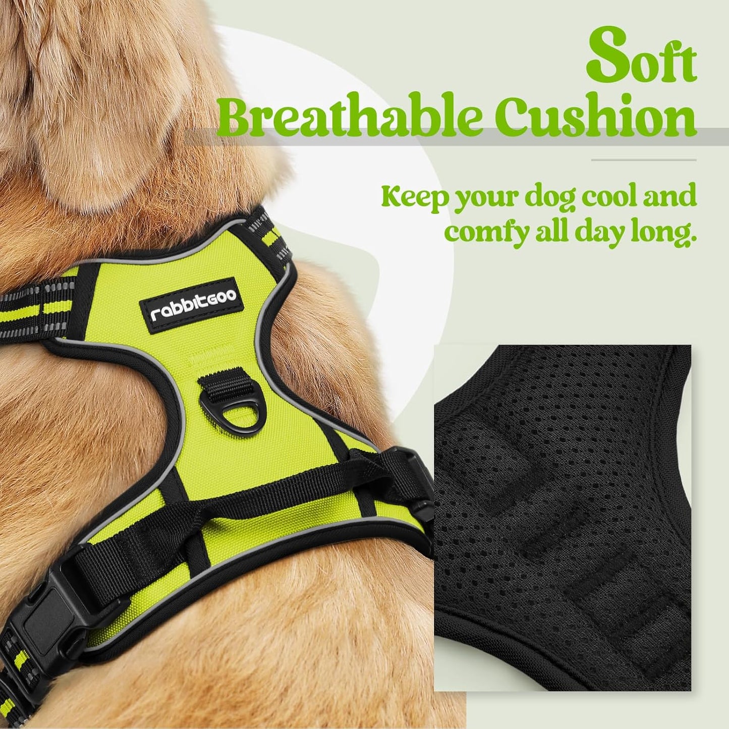 rabbitgoo Dog Harness No Pull with 2 Leash Clips, Adjustable Soft Padded, Reflective Oxford No Choke Pet Vest with Easy Control Handle for Large Dogs, Green, XL