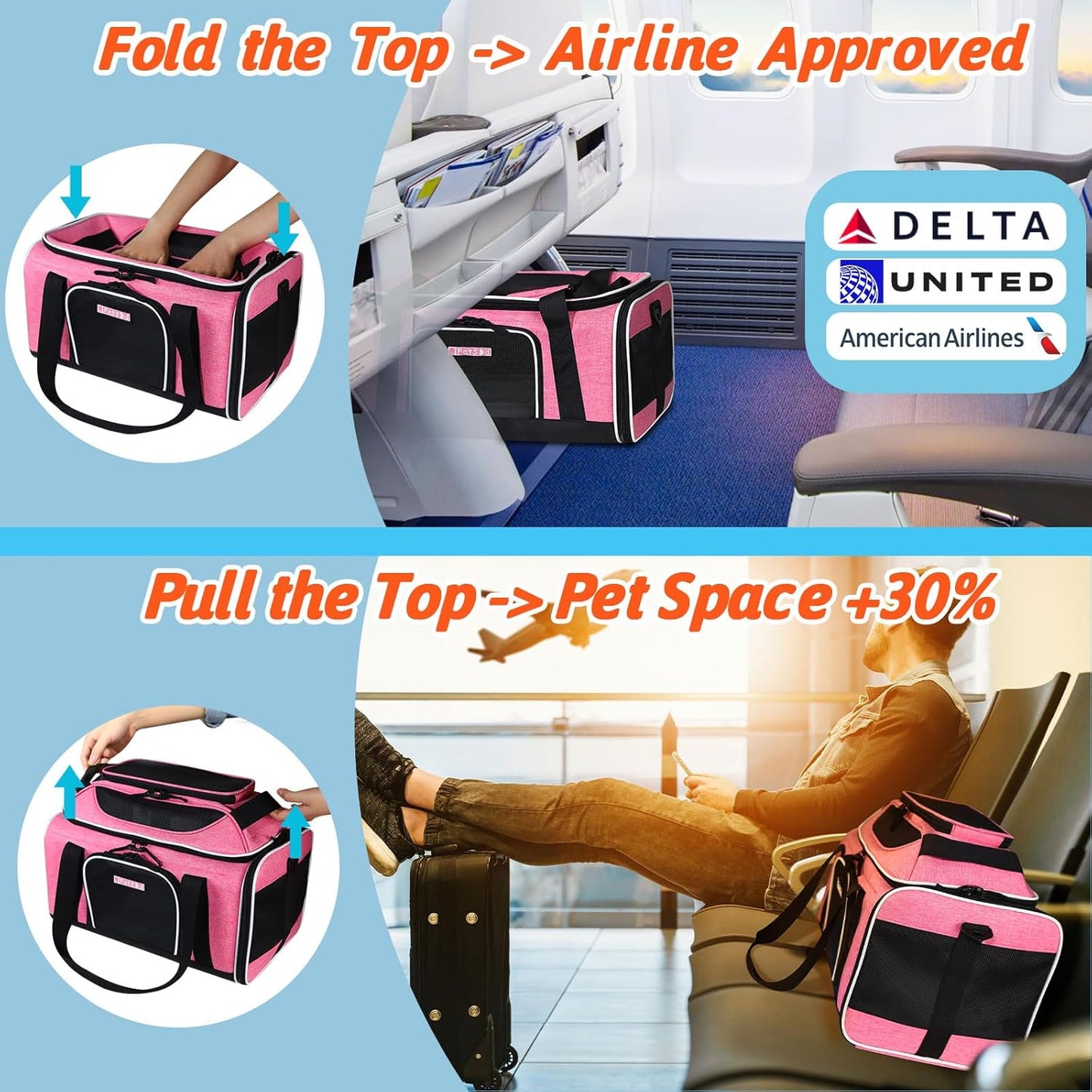 Petskd Top-Expandable Pet Carrier 18x11x11 Inches Delta American United Airline Approved, Soft-Sided Carrier for Small Cats and Dogs with Locking Safety Zippers and Anti-Scratch Mesh(Pink)