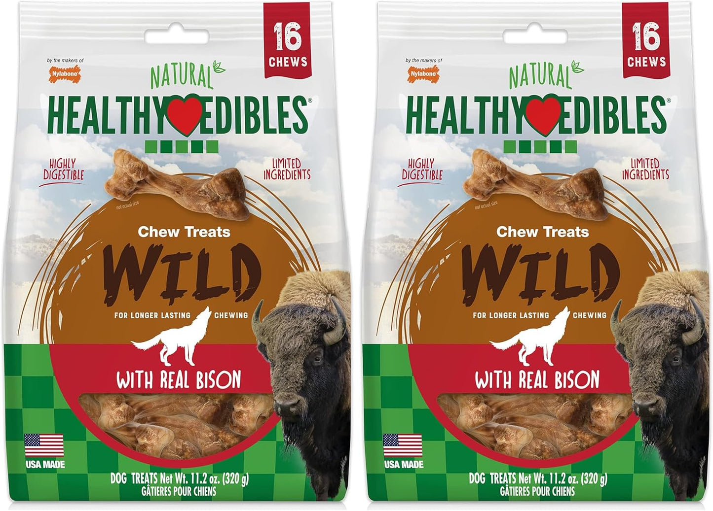 Nylabone Healthy Edibles Wild Natural Long-Lasting Bison Flavor Bone Chew Treats for Dogs, Small (16 Count) (Pack of 2)