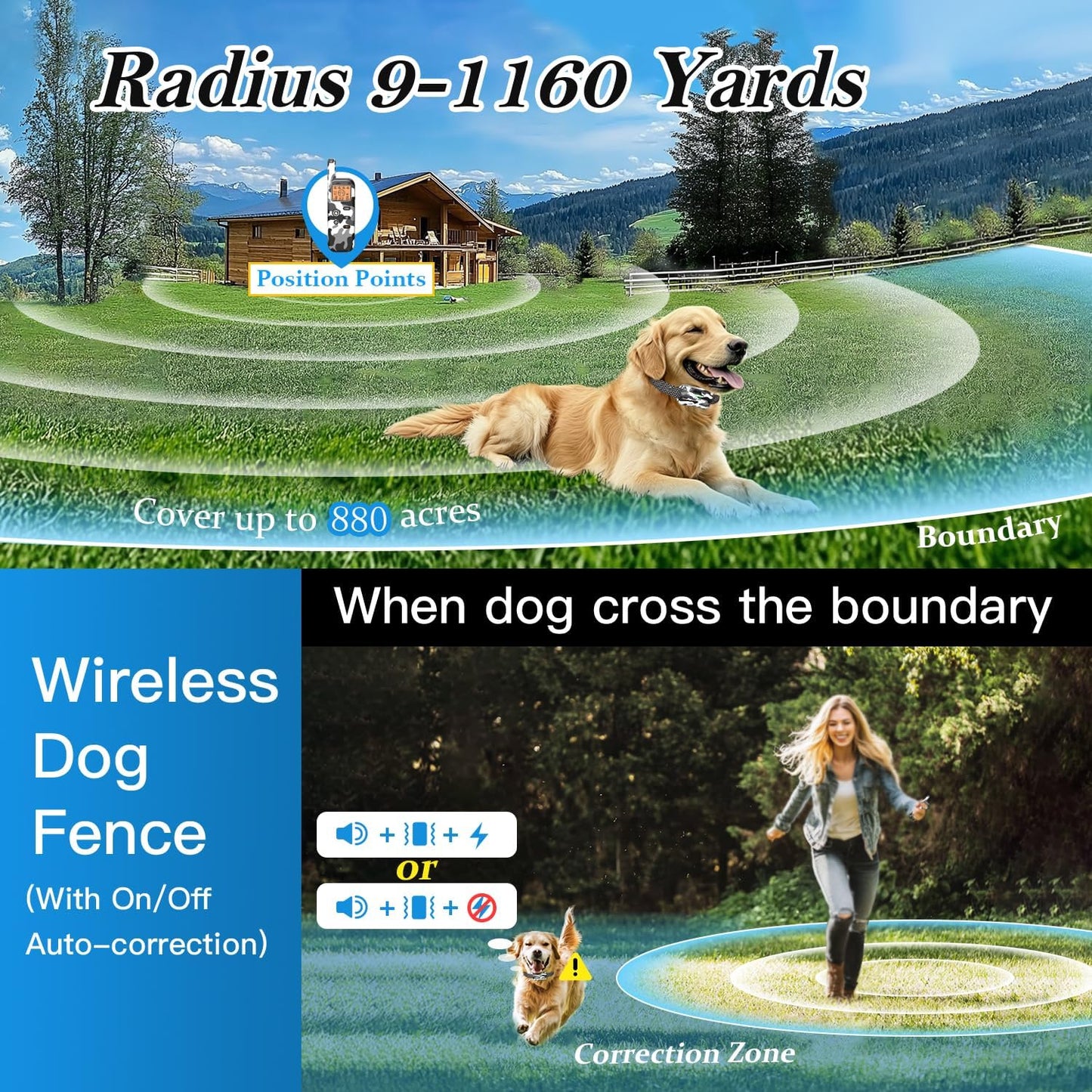 Wireless Dog Fence & Ultrasonic Training Collar -1160-Yard Adjustable Boundary for Outdoor, 6100FT Remote, 4 Modes (Beep/Vibration/Static/Ultrasonic), IPX7 Waterproof, 185-Day Standby, 2 Dogs