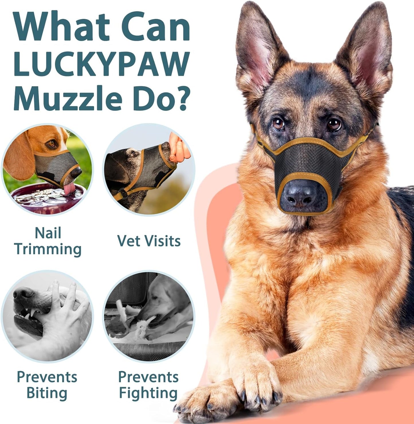 LUCKYPAW Dog Muzzle, Mesh Muzzle for Large Medium Small Dogs, Soft Mouth Guard for Biting Chewing, Breathable Mouth Guard with Adjustable Strap for Training(Brown, M(Snout:8.75"-9.5"))