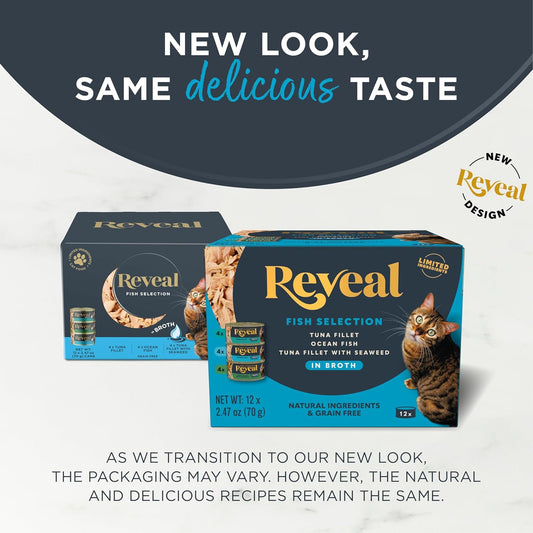 Reveal Natural Wet Canned Cat Food, Limited Ingredient, Grain-Free, Protein with No Artificial Additives, Fish Variety in Broth (12 x 2.47 oz Cans)