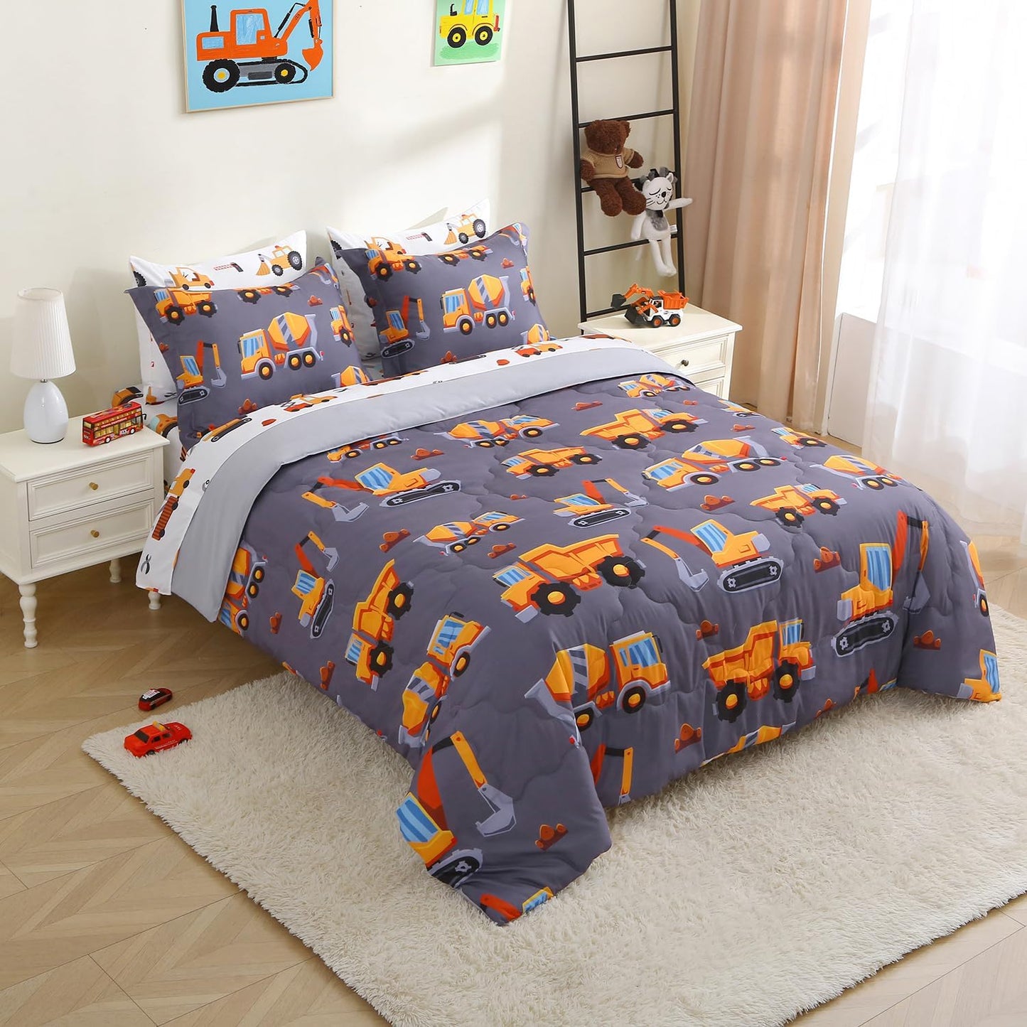Kids Comforter Set 7 Piece Bedding Cute Car Cartoon Truck Bed Microfiber Comforter Twin Size All Season Excavator Car Truck Printed