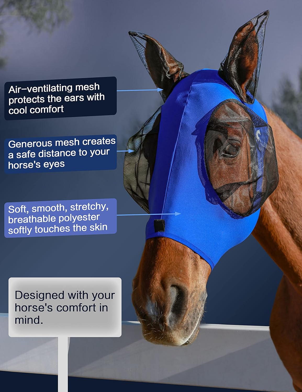 Horse Fly Mask with Ears, UV Protection Mask for Horses, Elasticity Mask with Big Mesh Eye Covers, Snug Fitting Comfortable Breathable Lightweight Royal Blue Full Size