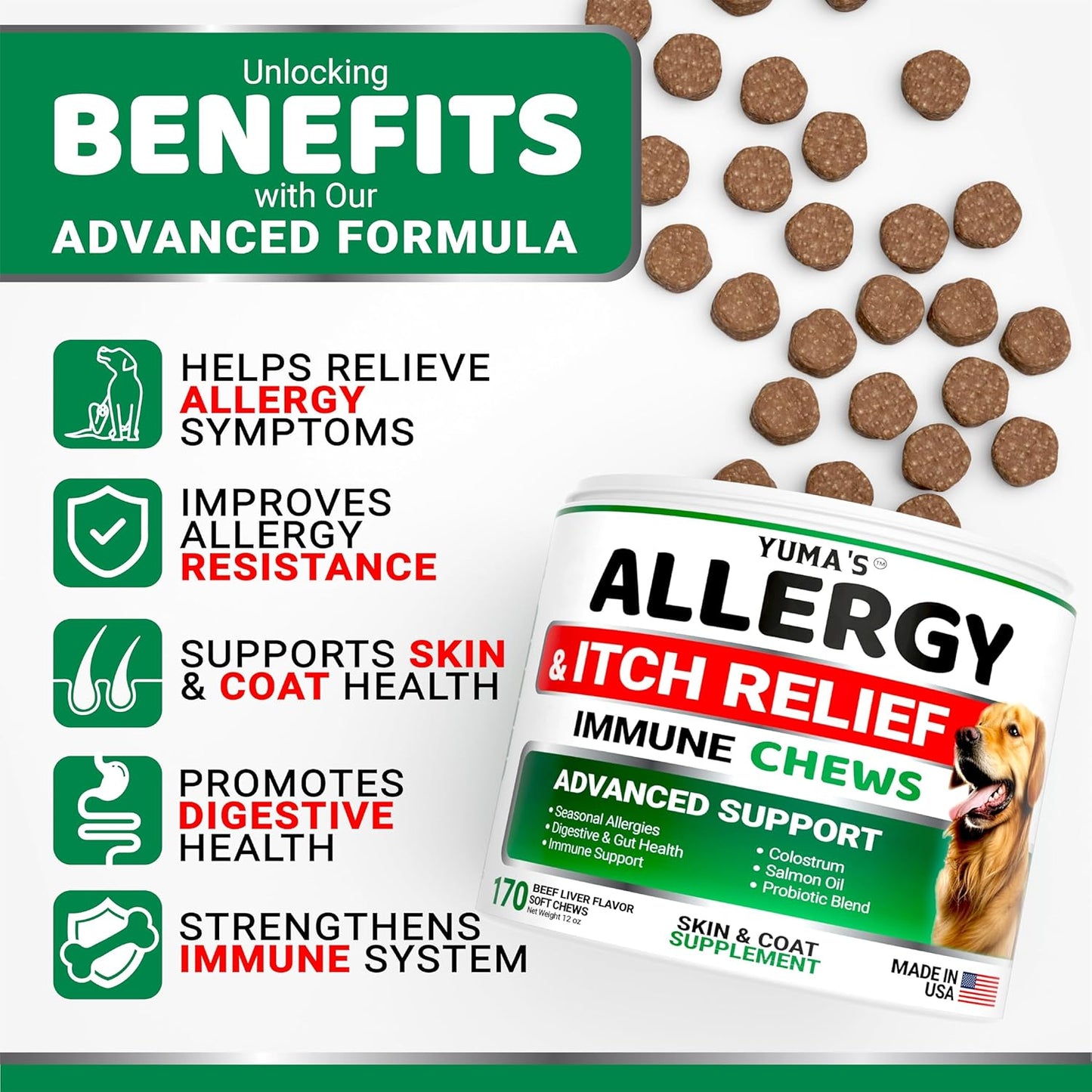 Dog Allergy Relief Chews - Dog Itching Skin Relief Treatment Pills - 170 Treats - Anti-Itch - Itchy and Paw Licking - Hot Spots - Omega 3 Fish Oil - Dry Skin & Coat Supplement - Beef Liver Flavor