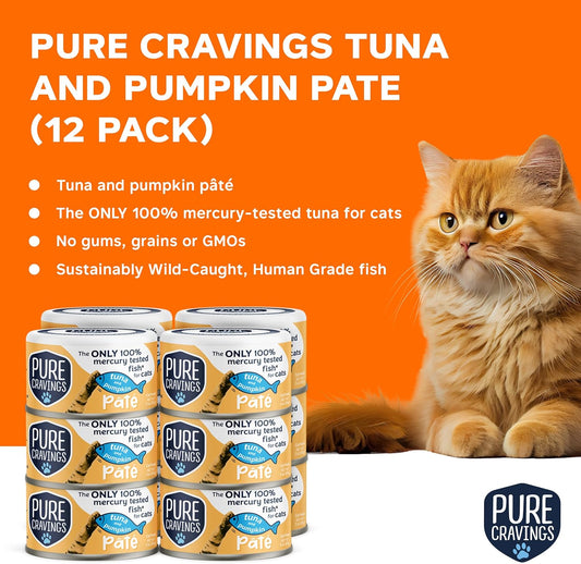 Tuna and Pumpkin Pate, Canned Wet Cat Food, 100% Mercury-Tested, Moist Can Fish, Grain-Free Protein, Non-GMO, 12 Pack