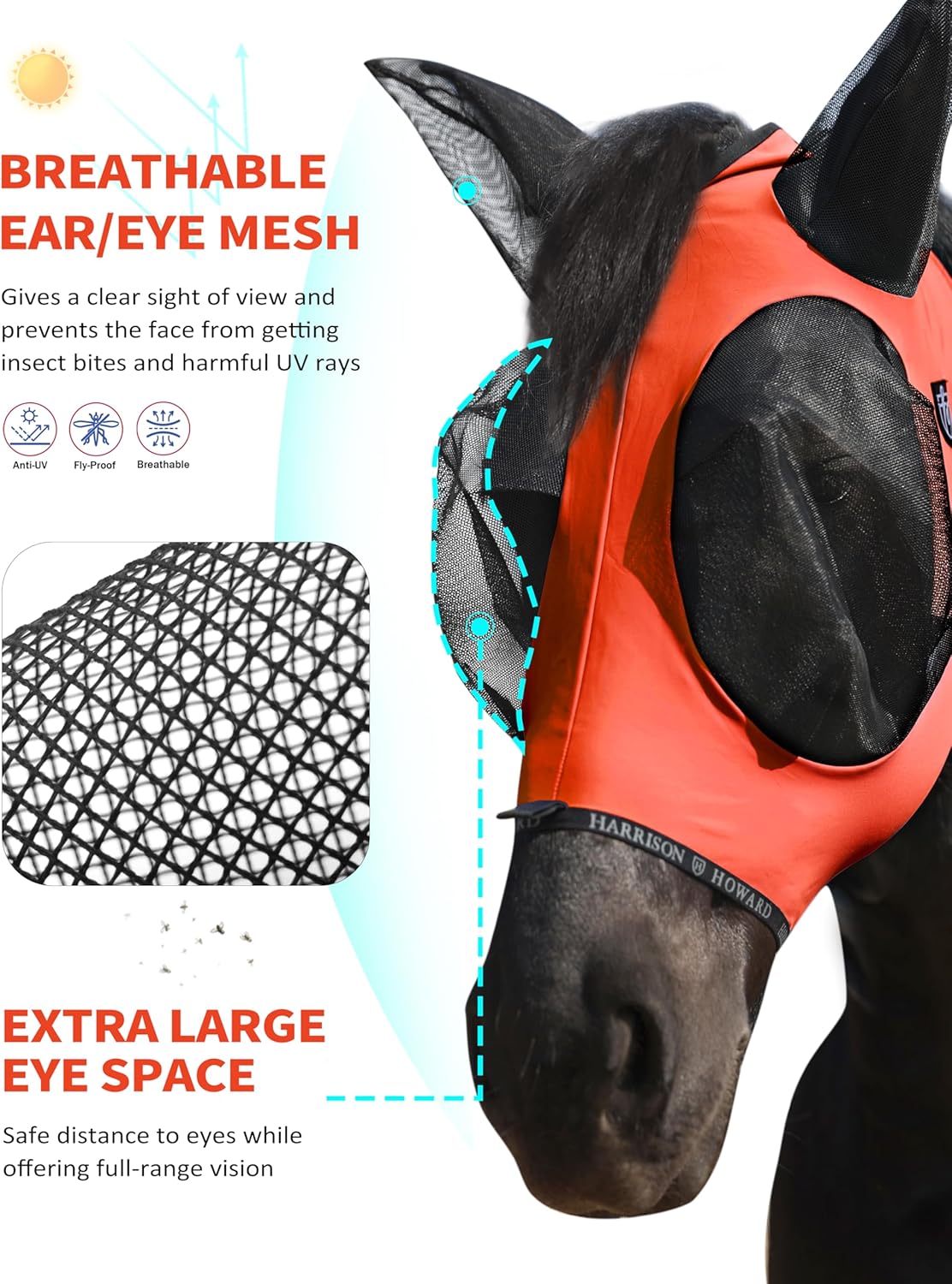 Harrison Howard Horse Fly Mask with Forelock Opening Stretch Breathable and Comfortable for Horses UV -Protection Orange L