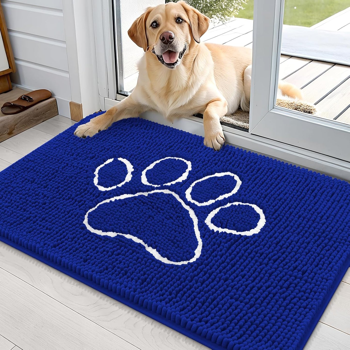 OLANLY Door Mat for Muddy Dog Paws 36x24, Ultra Absorbent Chenille Mud Doormat with Paw Print Design, Non-Slip Washable Doormat for Indoor Entryway, Quick-Dry Pet Bed Mats for Dirty Dogs, Royal Blue