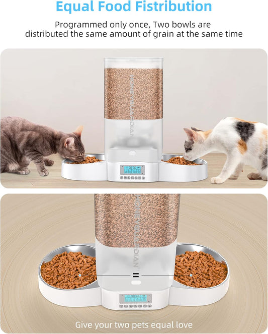 HoneyGuaridan Automatic Cat Feeder for Two Cats,5L Cat Food Dispenser with Stainless Steel Bowl,Timed Feeder Programmable 1-6 Meals Control, Dual Power Supply,Desiccant Bag,10s Meal Call White