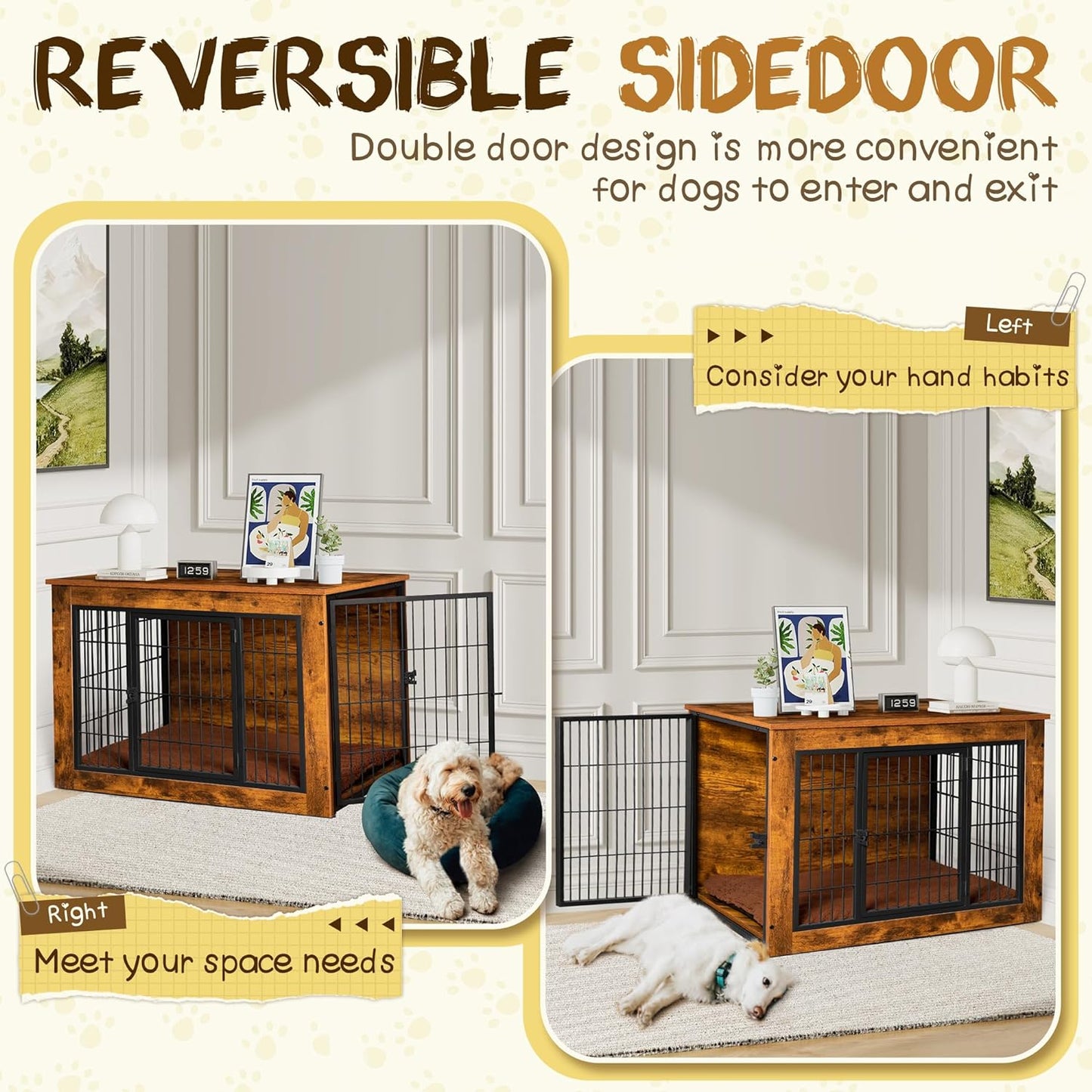 Bigrab Dog Crate Furniture with Thick Cushion, Side End Table Wooden Dog Cage with Double Doors, Chew-Resistant Dog Kennel Dog House Indoor for Small to Large Dog, M