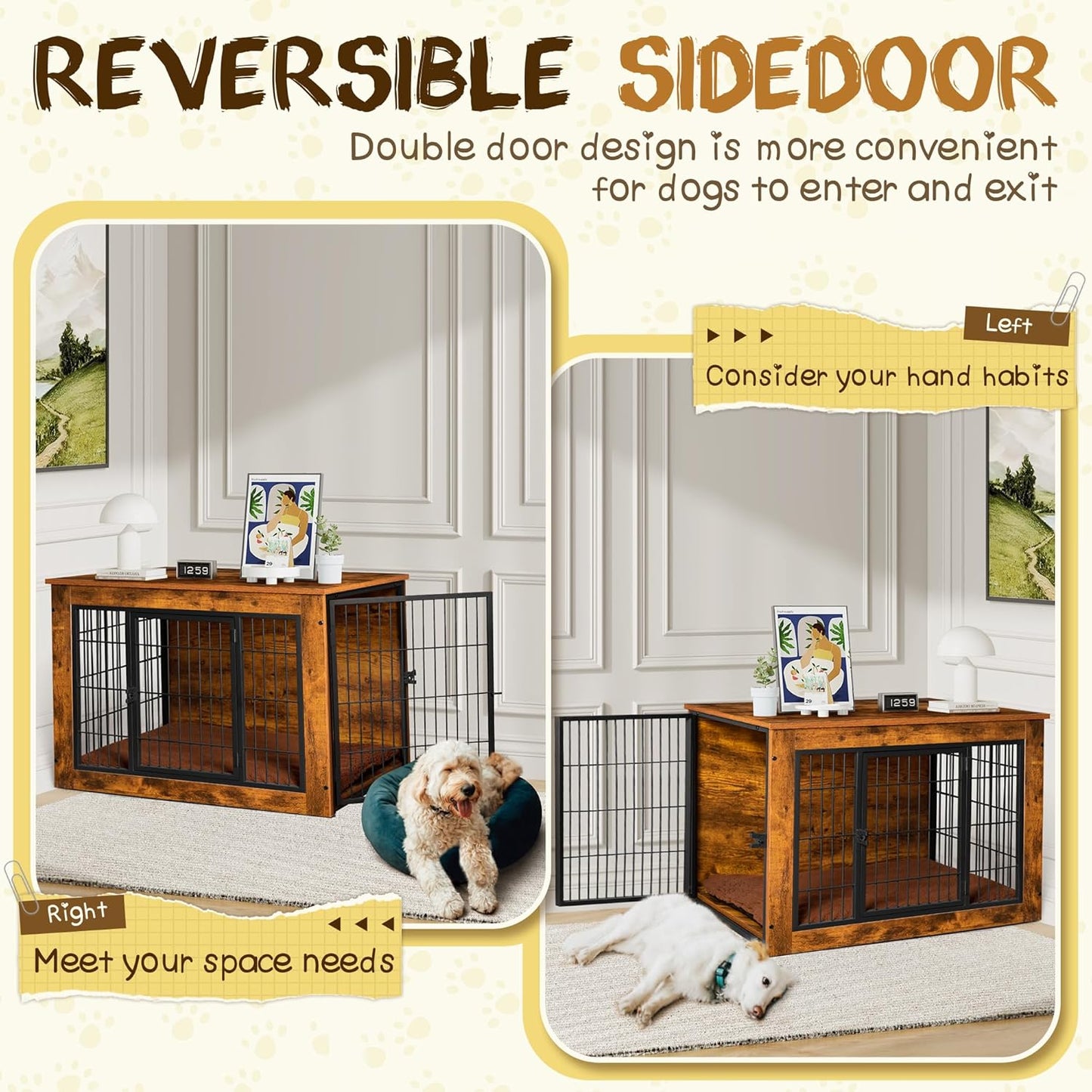 Bigrab Dog Crate Furniture with Thick Cushion, Side End Table Wooden Dog Cage with Double Doors, Chew-Resistant Dog Kennel Dog House Indoor for Small to Large Dog, L