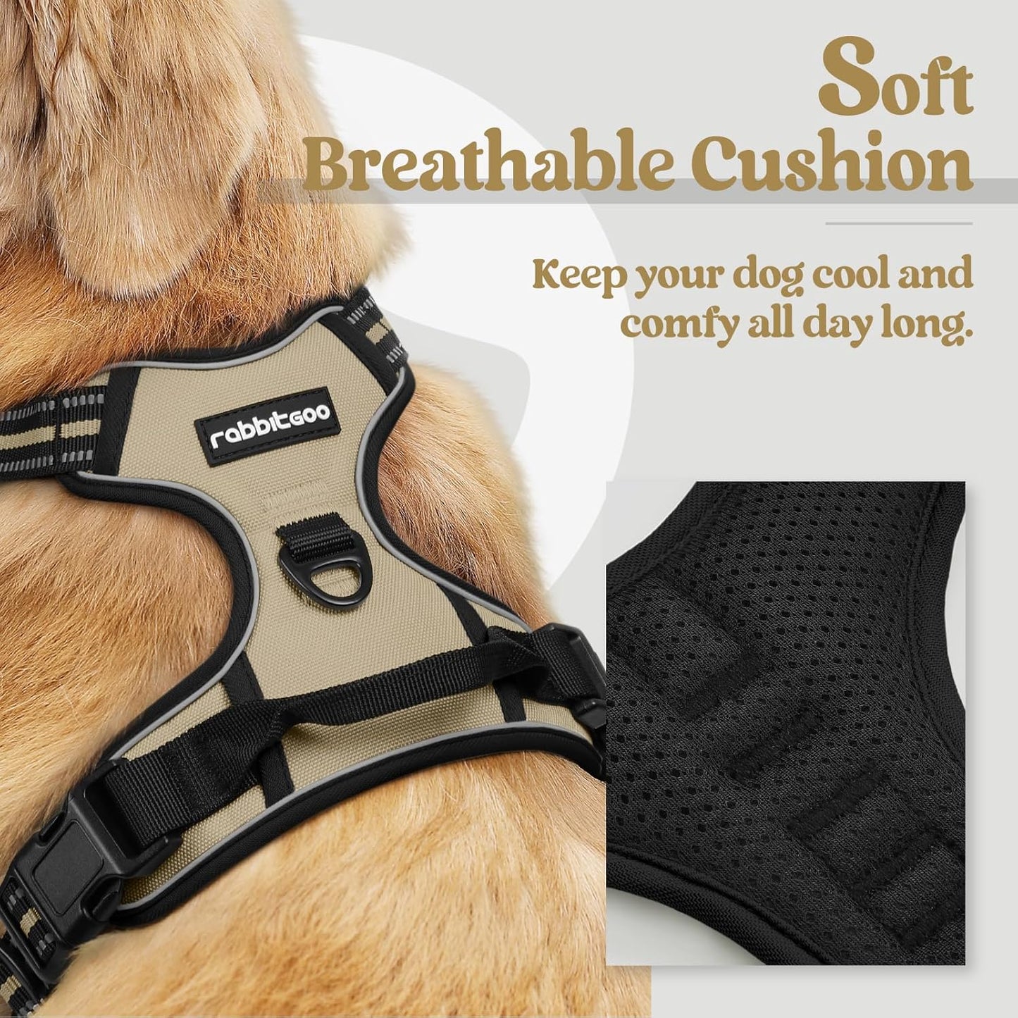 rabbitgoo Dog Harness No Pull with 2 Leash Clips, Adjustable Soft Padded, Reflective Oxford No Choke Pet Vest with Easy Control Handle for Medium Sized Dogs, Beige, M