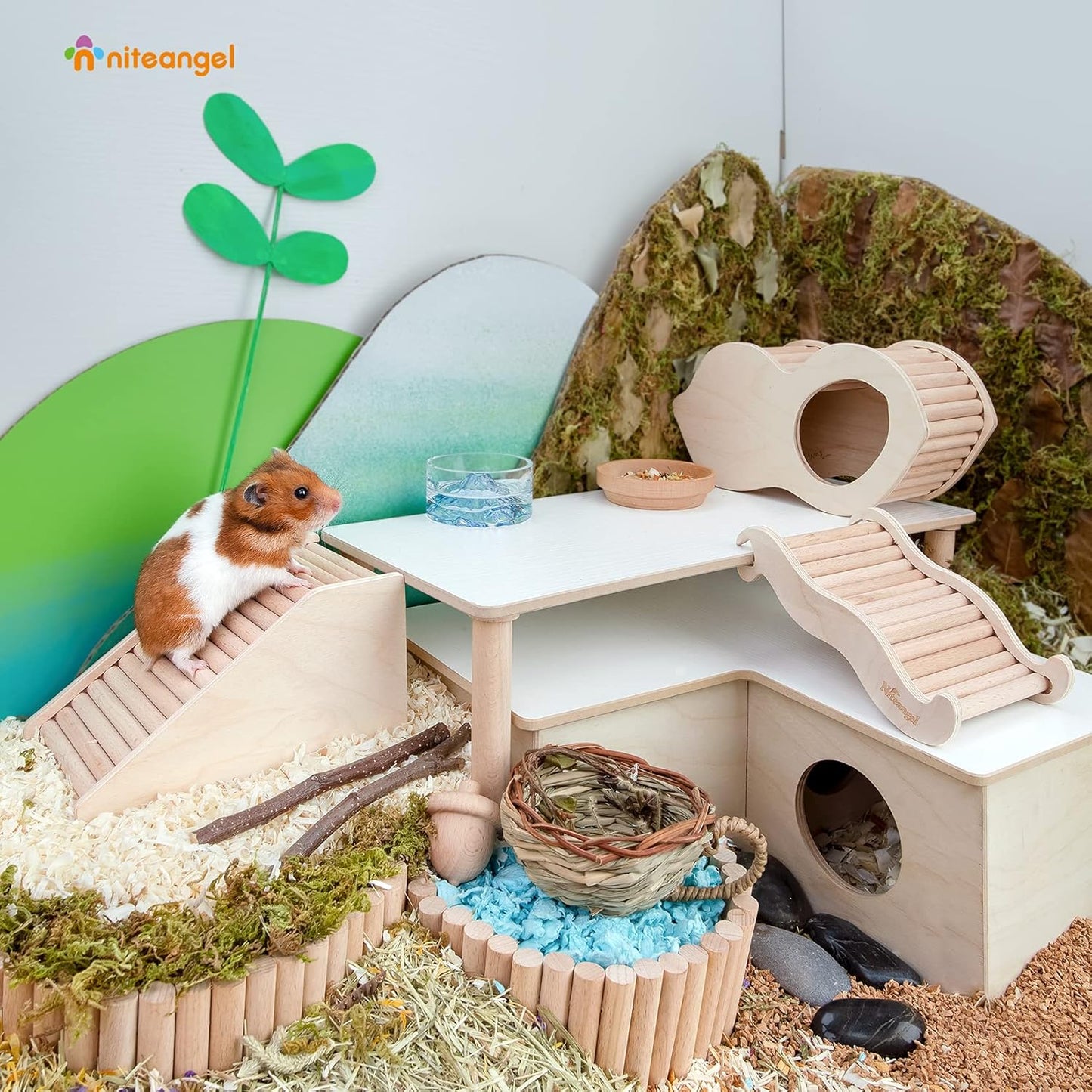 Niteangel Hamster House w/Climbing Ladder for Hamsters Gerbils Mice or Similar-Sized Pets (Trapezium-Shaped Hamster Hut)
