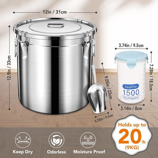Dog Food Storage Containers, Large Stainless Steel Pet Food Storage Containers 20 lb / 9 kg to Keep Fresh, Metal Airtight Cat Food Containers With Scoop and 2 Small Containers