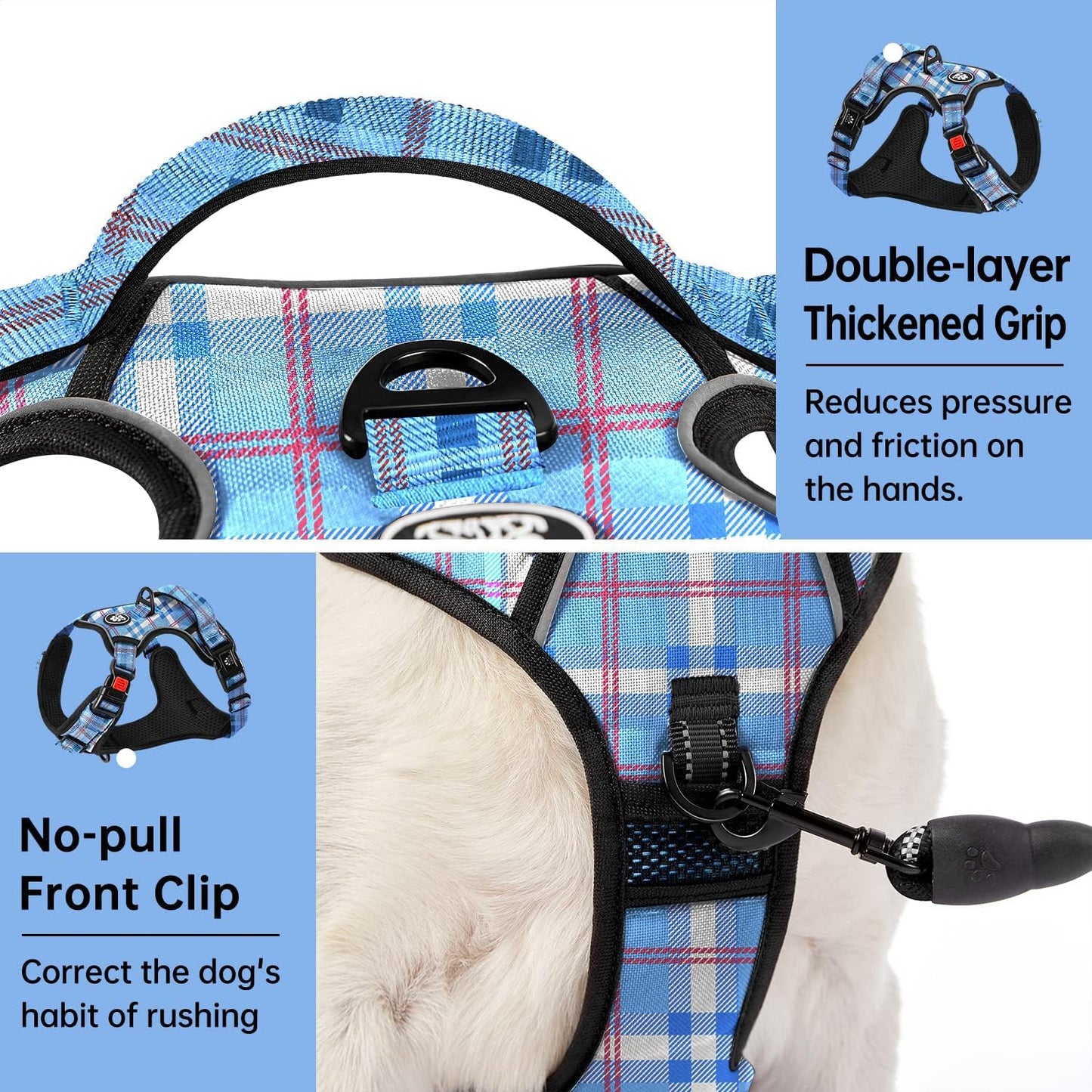 IVY&LANE No Pull Dog Harness with Leash Set, Reflective No Choke Pet Vest,Adjustable Oxford Dog Vest Harness with Easy Control Handle for Large Dogs (Checkered Blue,L)