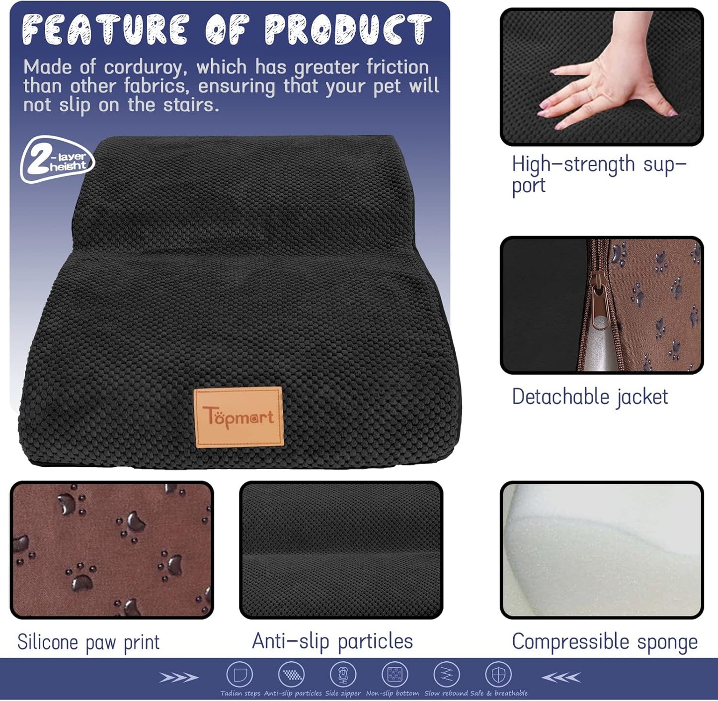 Topmart High Density Extended Foam Dog Ramp&Steps 2 Tiers,11.8" High,Non-Slip Dog Stairs,Soft Foam Pet Ladder with Waterproof Cover,Best for Injured,Older Cats,Pets with Joint Pain