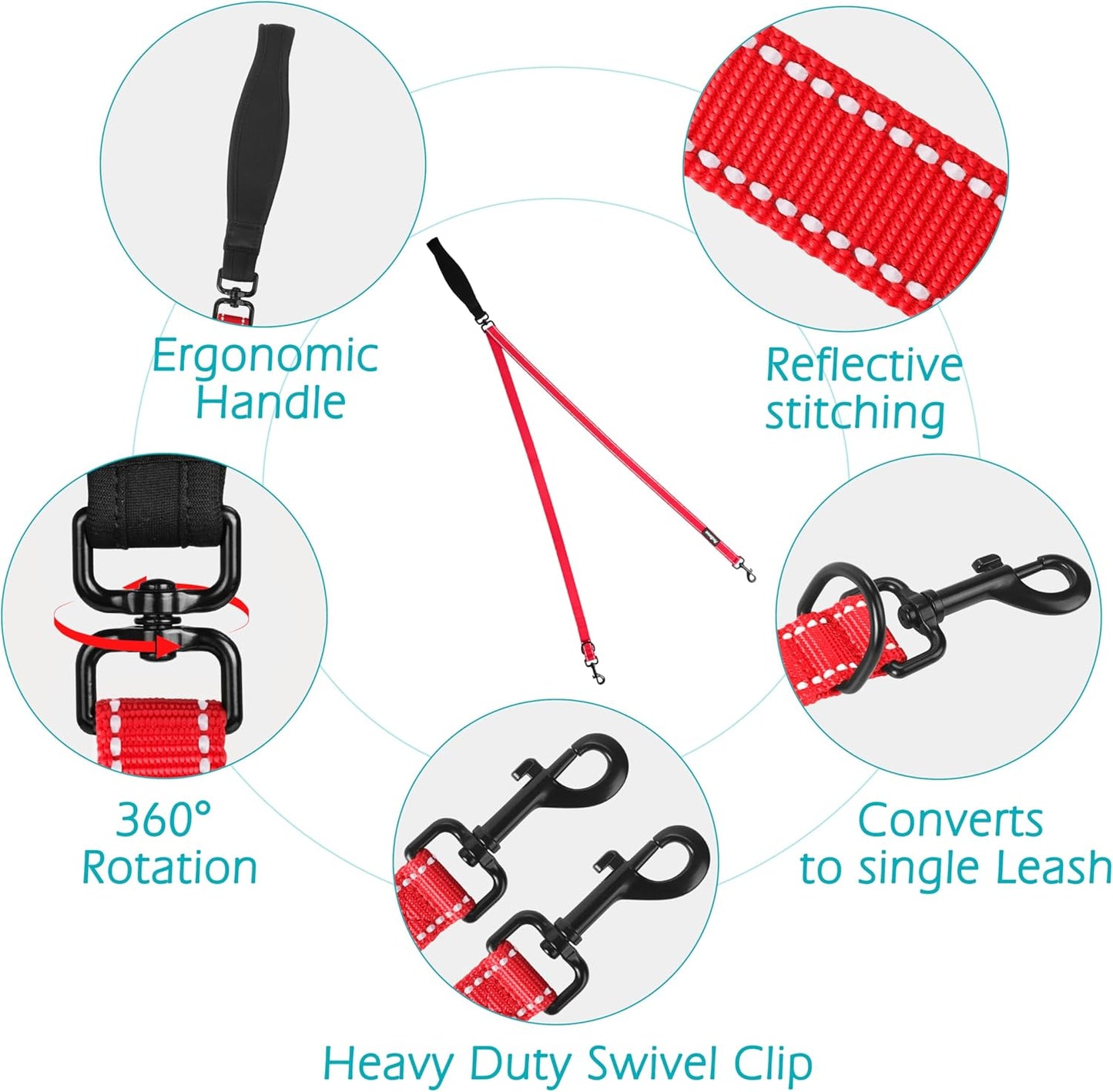 PetBonus Two Point Control Dog Leash, Works with No Pull Harnesses, No Tangle Dog Training Leashes, No Pull Padded and Reflective Walking Lead,Converts to Single Leash for Medium Large Dogs (Red)