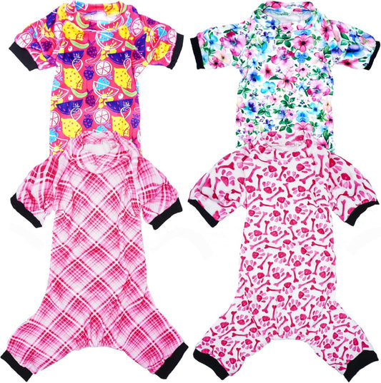PET SHOW 4 Pack Small Dog Pajamas Cute Paw Bone Clothes for Medium Dogs Soft Stretchy PJs Plaid Jumpsuit Puppy Floral Fruits Onesies Outfits with Sleeve Pets Dachshund Costume(XXL, Pink for Girls)