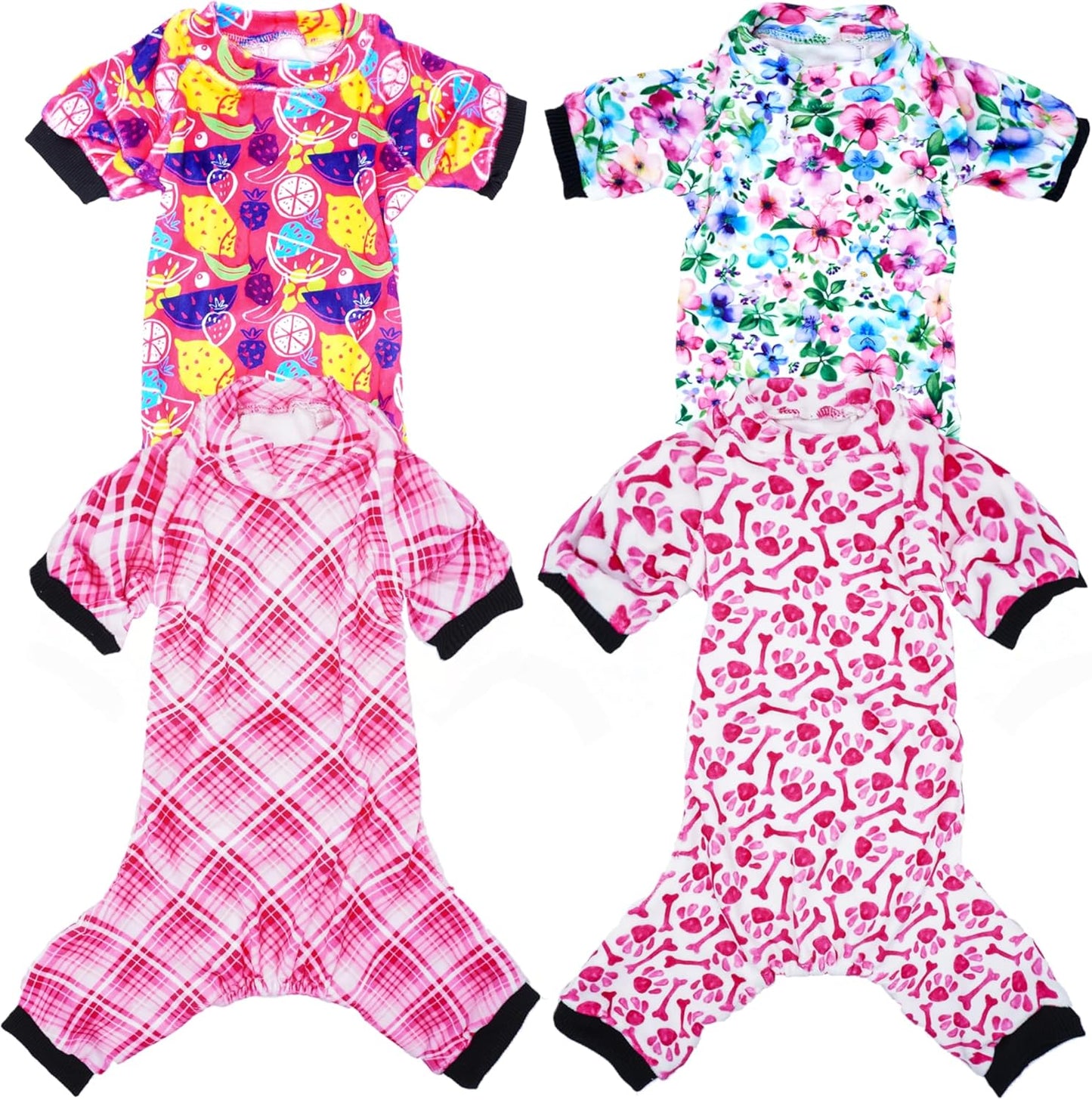 PET SHOW 4 Pack Small Dog Pajamas Cute Paw Bone Clothes Doggies Soft Stretchy PJs Plaid Jumpsuit Puppy Cats Floral Fruits Onesies Outfits with Sleeve Pets Dachshund Costume(XS, Pink for Girls)