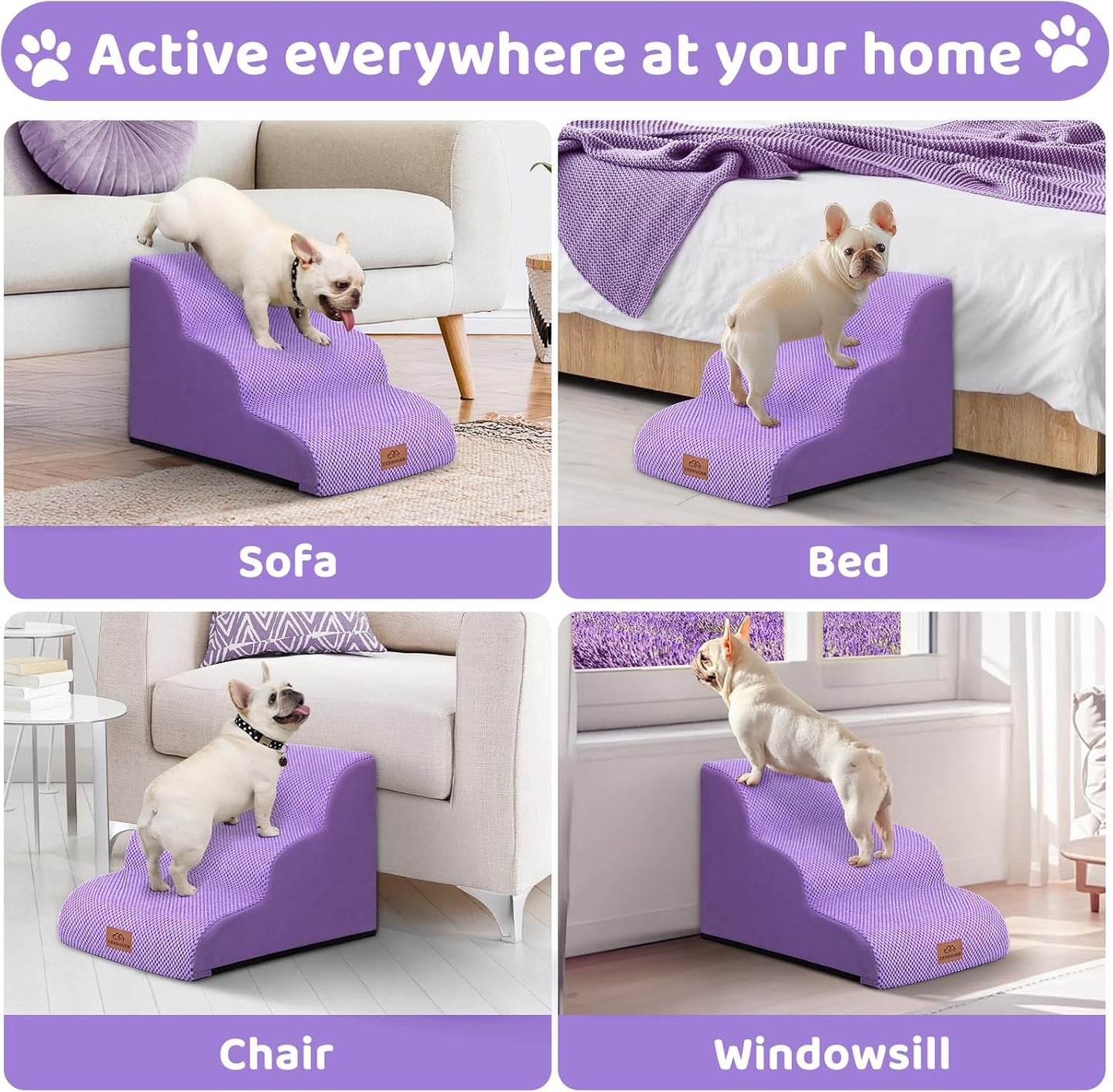Dog Ramp and Stair for Bed 16" H-20 H,3-Step Cat Stair for Sofa and Chair,4-Step Dog Ramp for High Bed and Window,Durable Nonslip Fabric Stair for Indoor (Purple-16 H, Pet Friendly, 3)